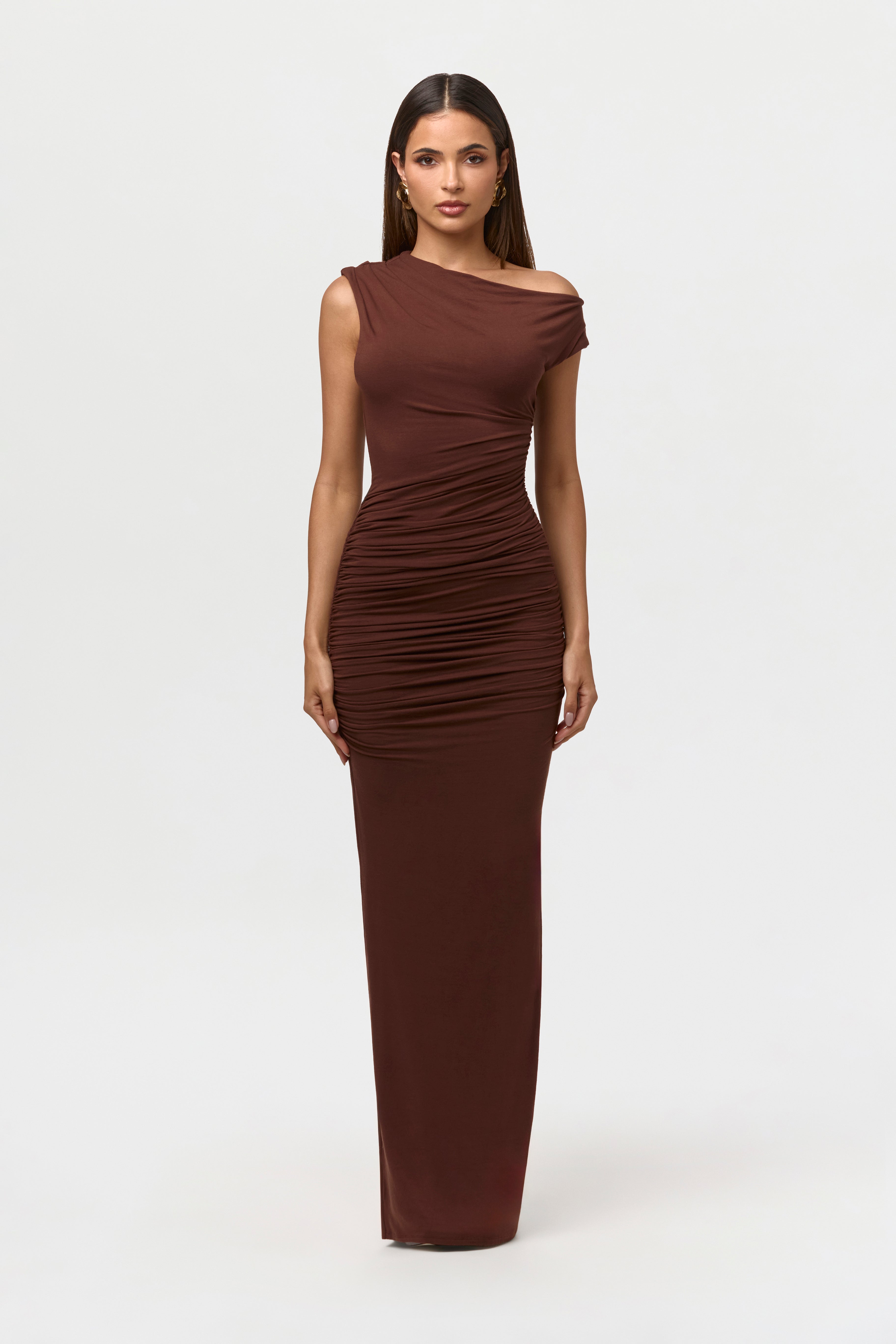 Women's Smooth Off-Shoulder Ruched Maxi Dress, Chocolate / XS by Naked Wardrobe