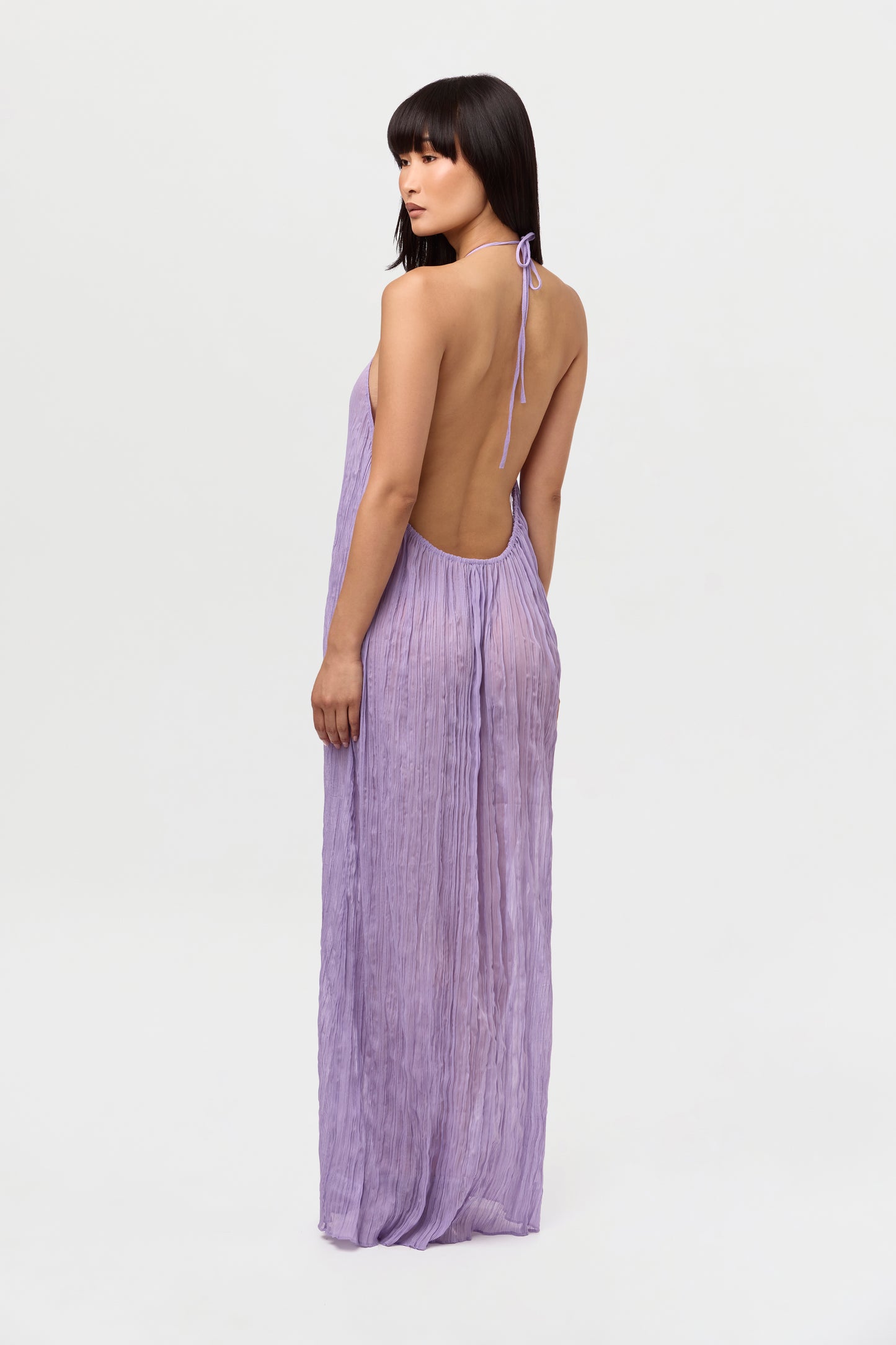 Plissé Halter Open Back Maxi Dress