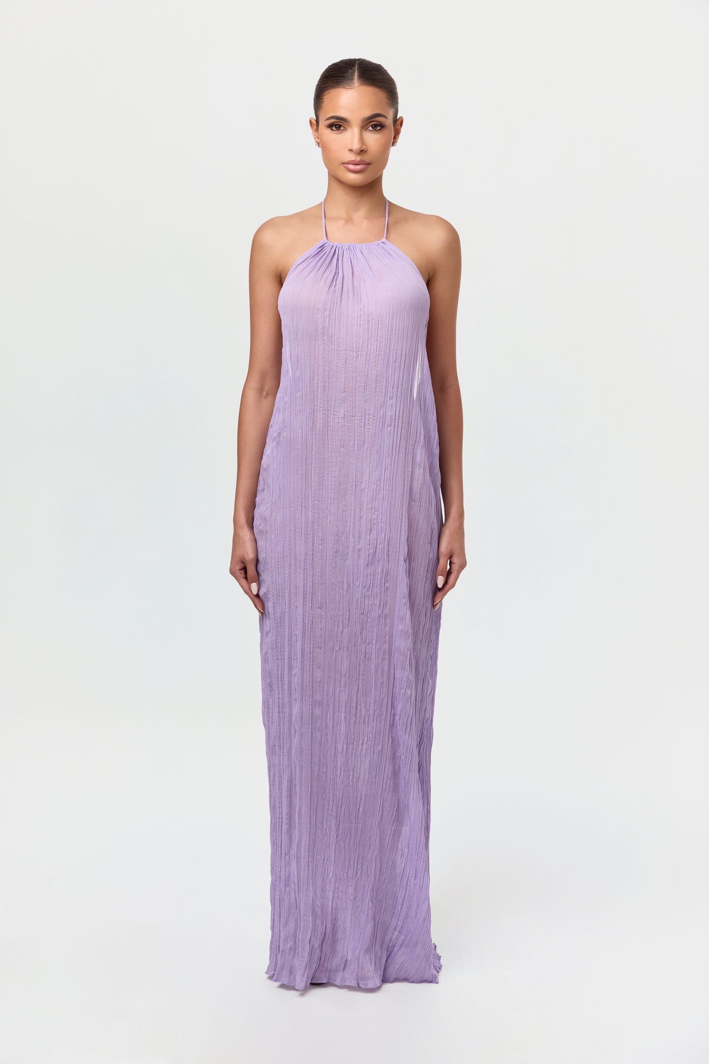 Plissé Halter Open Back Maxi Dress