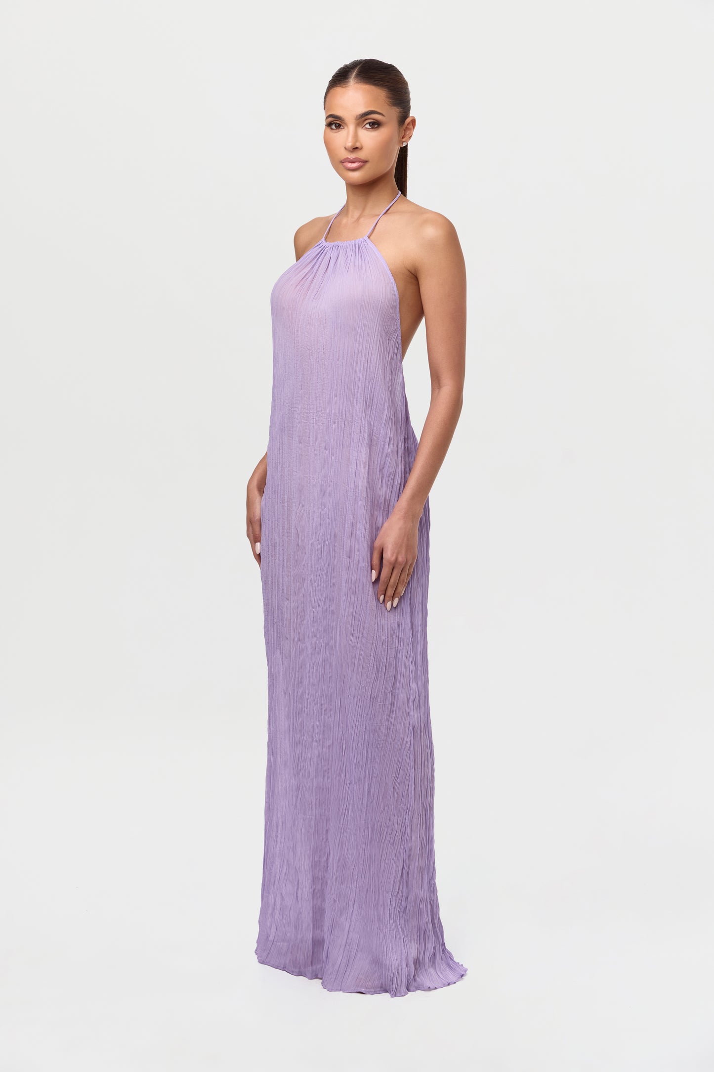 Plissé Halter Open Back Maxi Dress