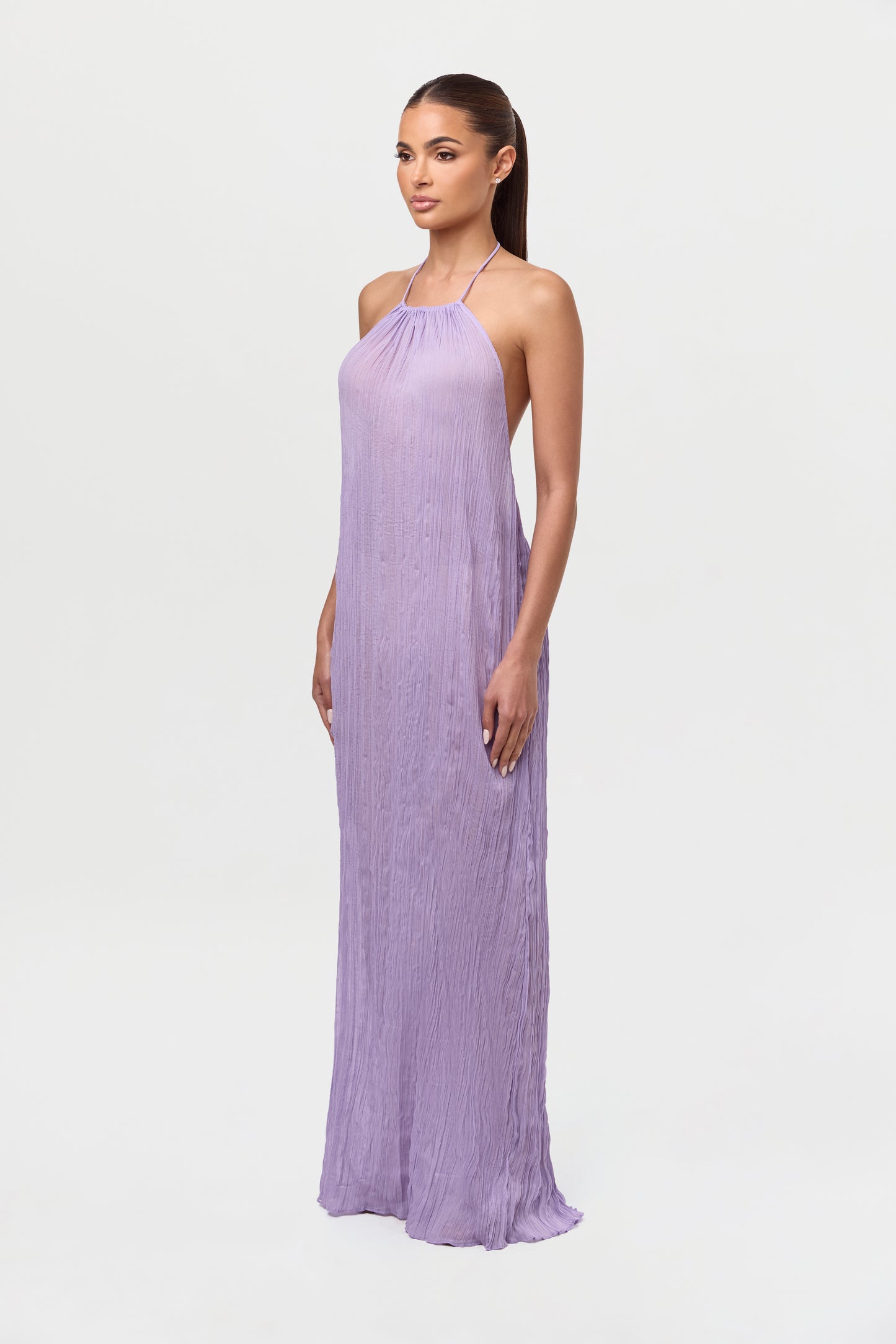 Plissé Halter Open Back Maxi Dress