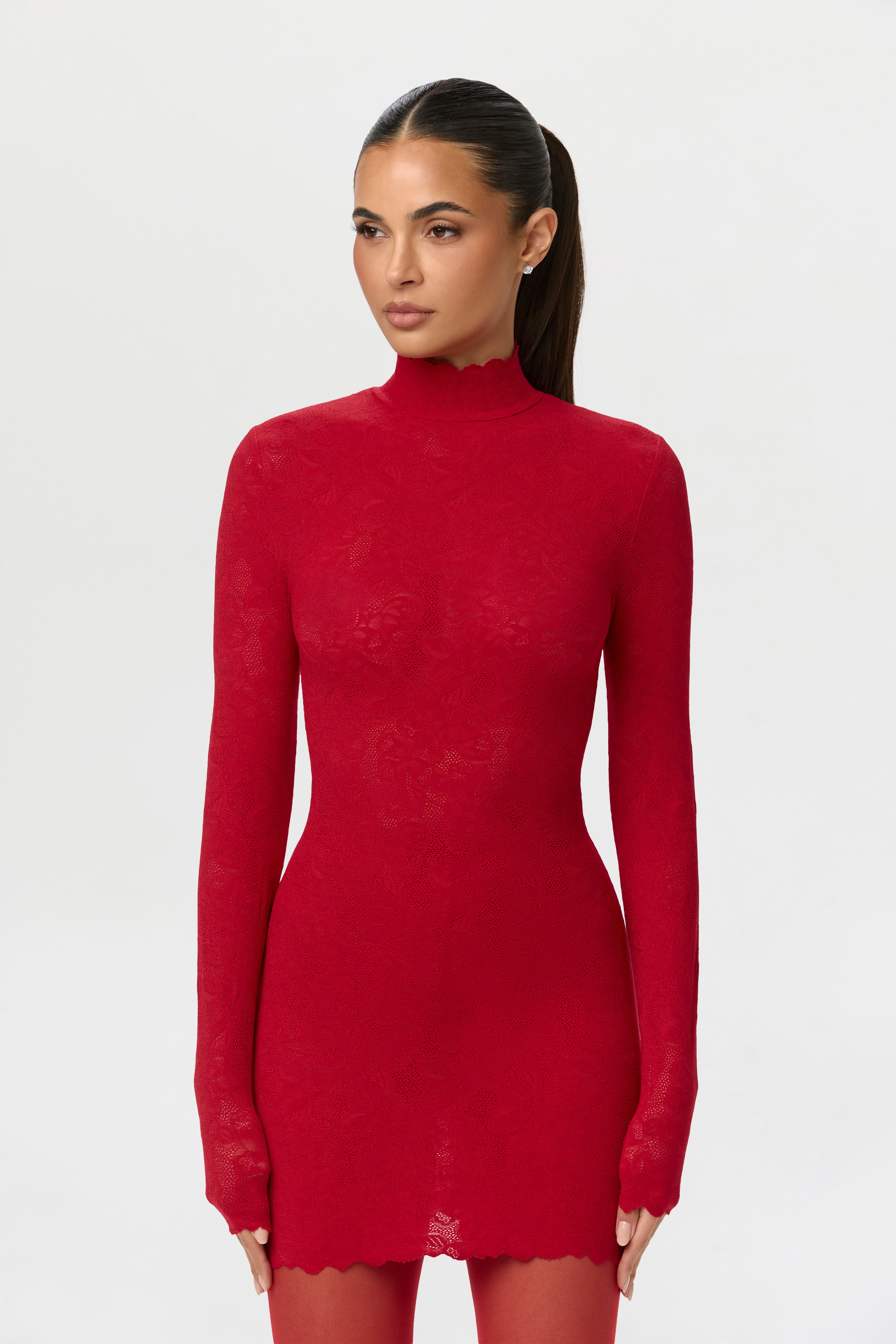 Women's Stretch Lace Scallop Mini Dress by Naked Wardrobe, Ruby Red / S