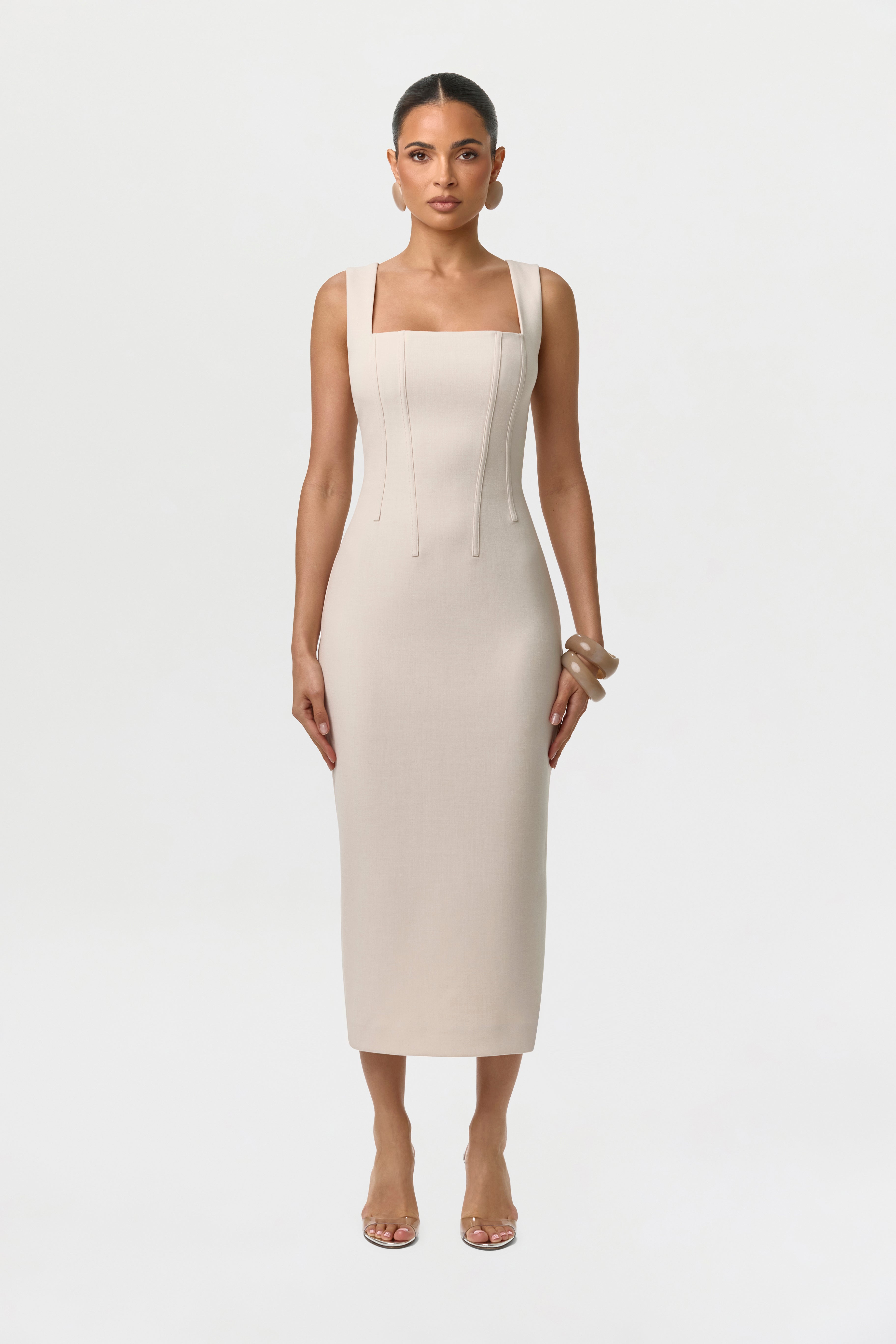 Women's Suiting Lace-Up Midi Dress by Naked Wardrobe, Mélange Beige / XS