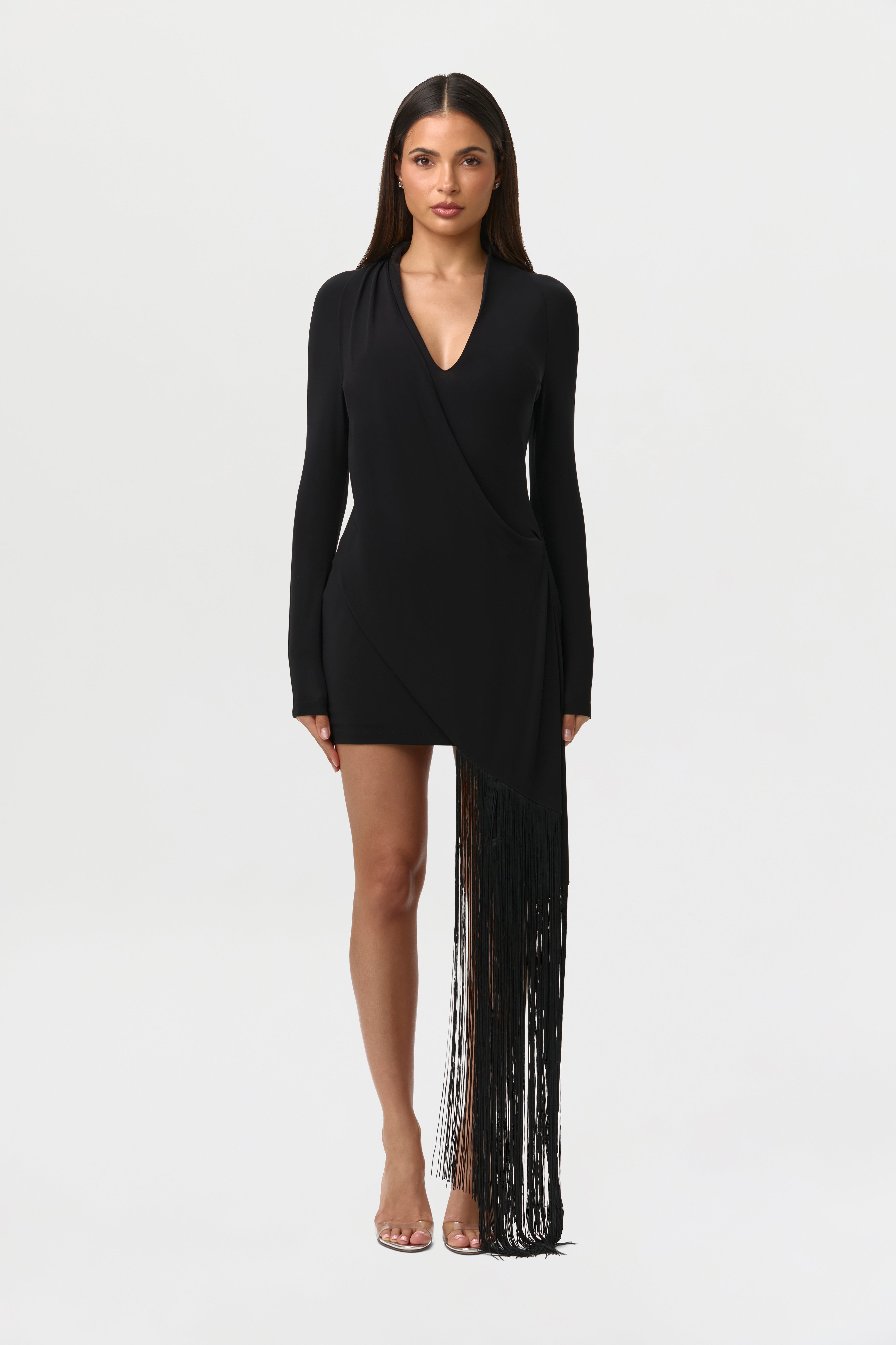 Naked Wardrobe Women's Slinky Fringe Detail Long Sleeve Minidress - Black