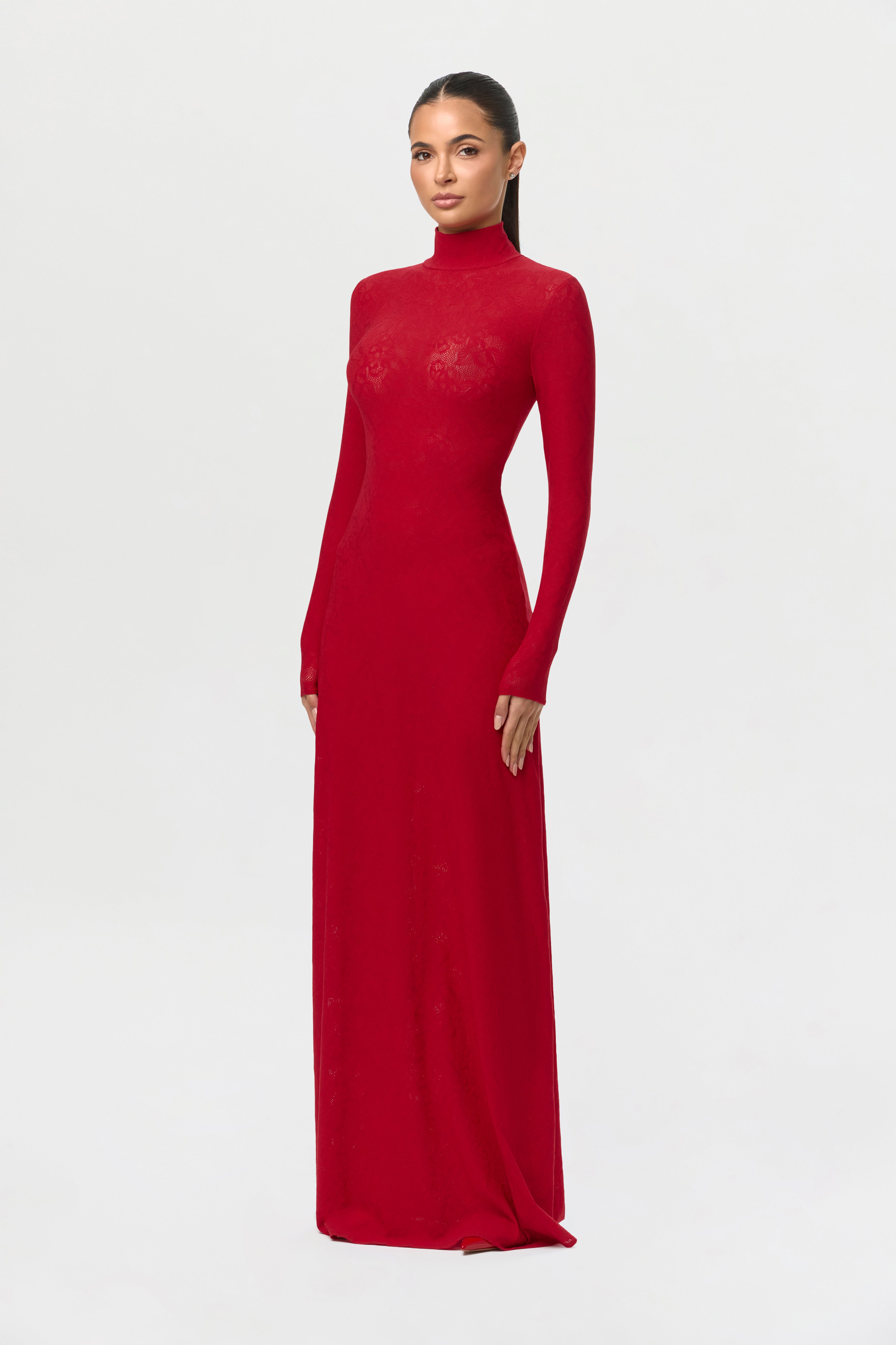 Women's Stretch Lace Turtleneck Maxi Dress by Naked Wardrobe, Ruby Red / M