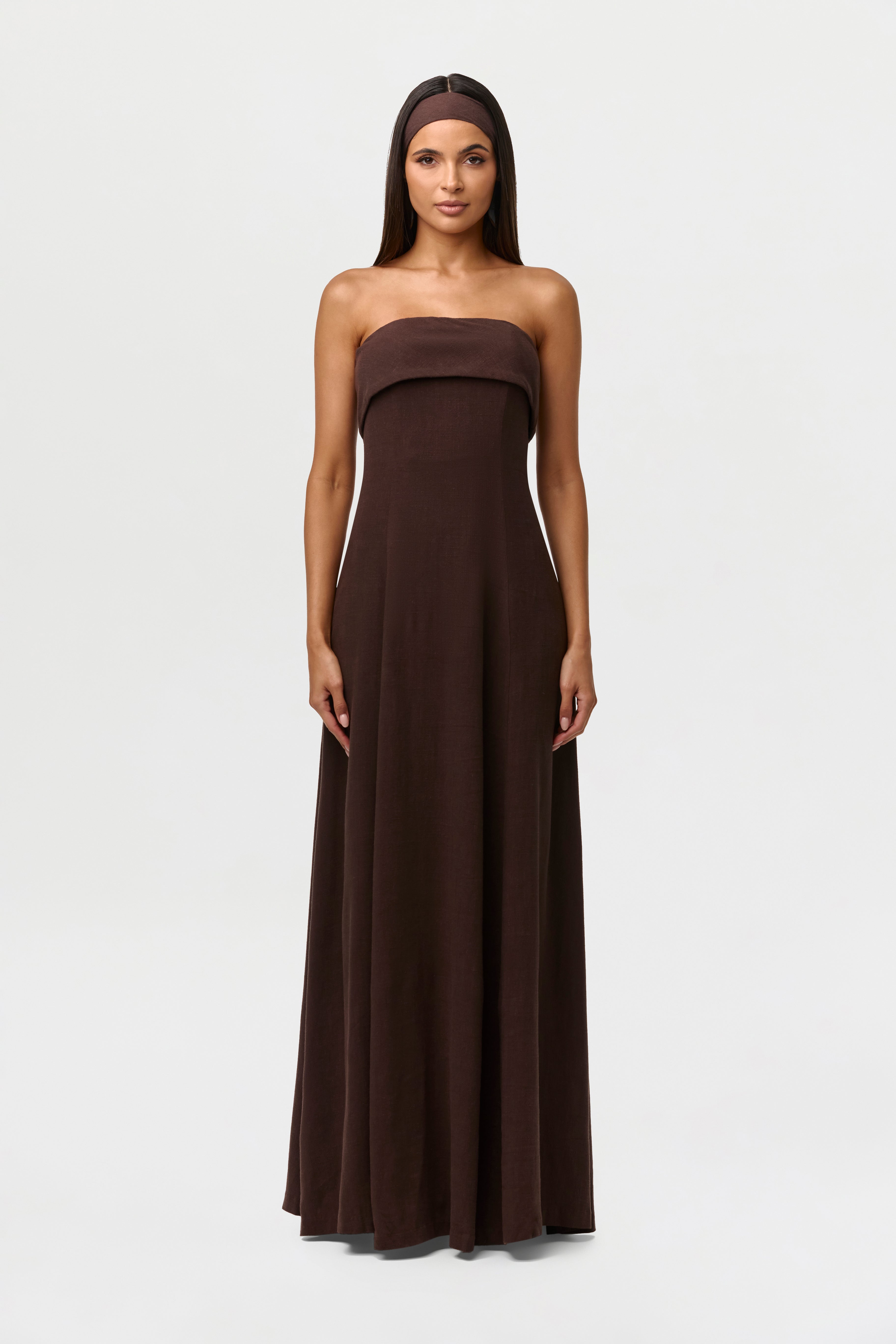 linen maxi dress strapless Talia Chocolate Linen Maxi Dress