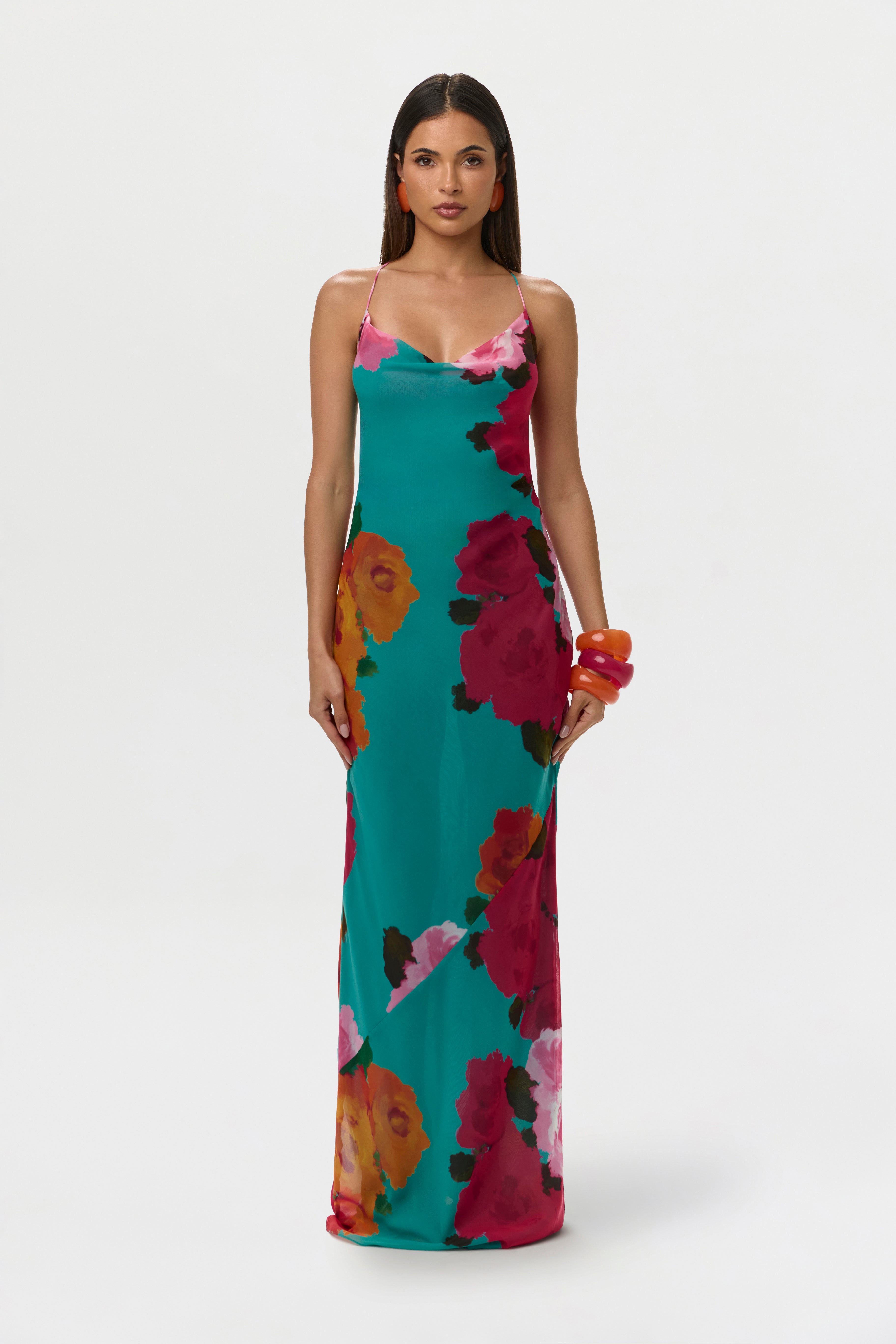 Women's Chiffon Print Open Back Maxi Dress, Flora Spritz / XS by Naked Wardrobe