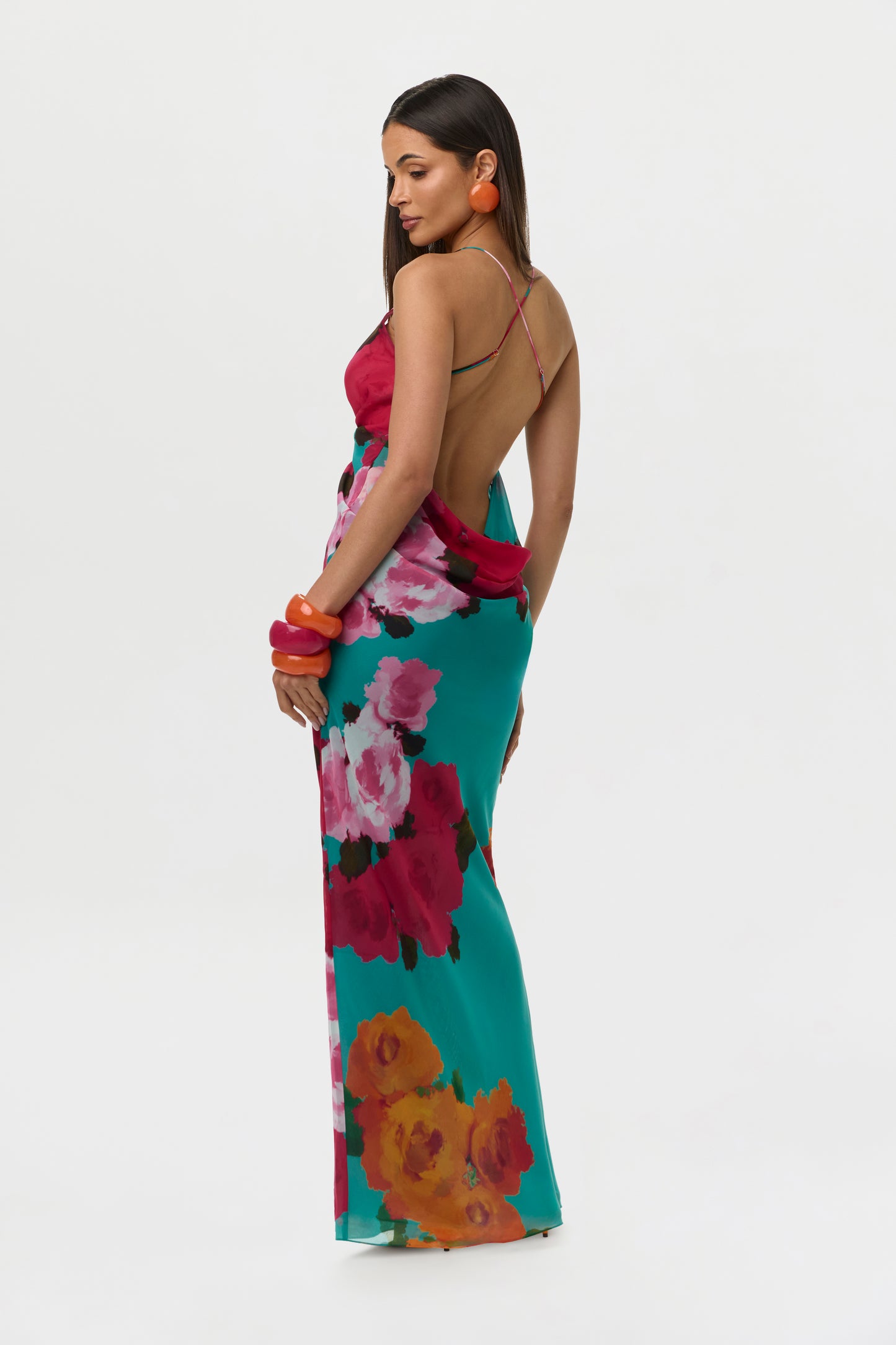 Flora Spritz Chiffon Print Open Back Maxi Dress