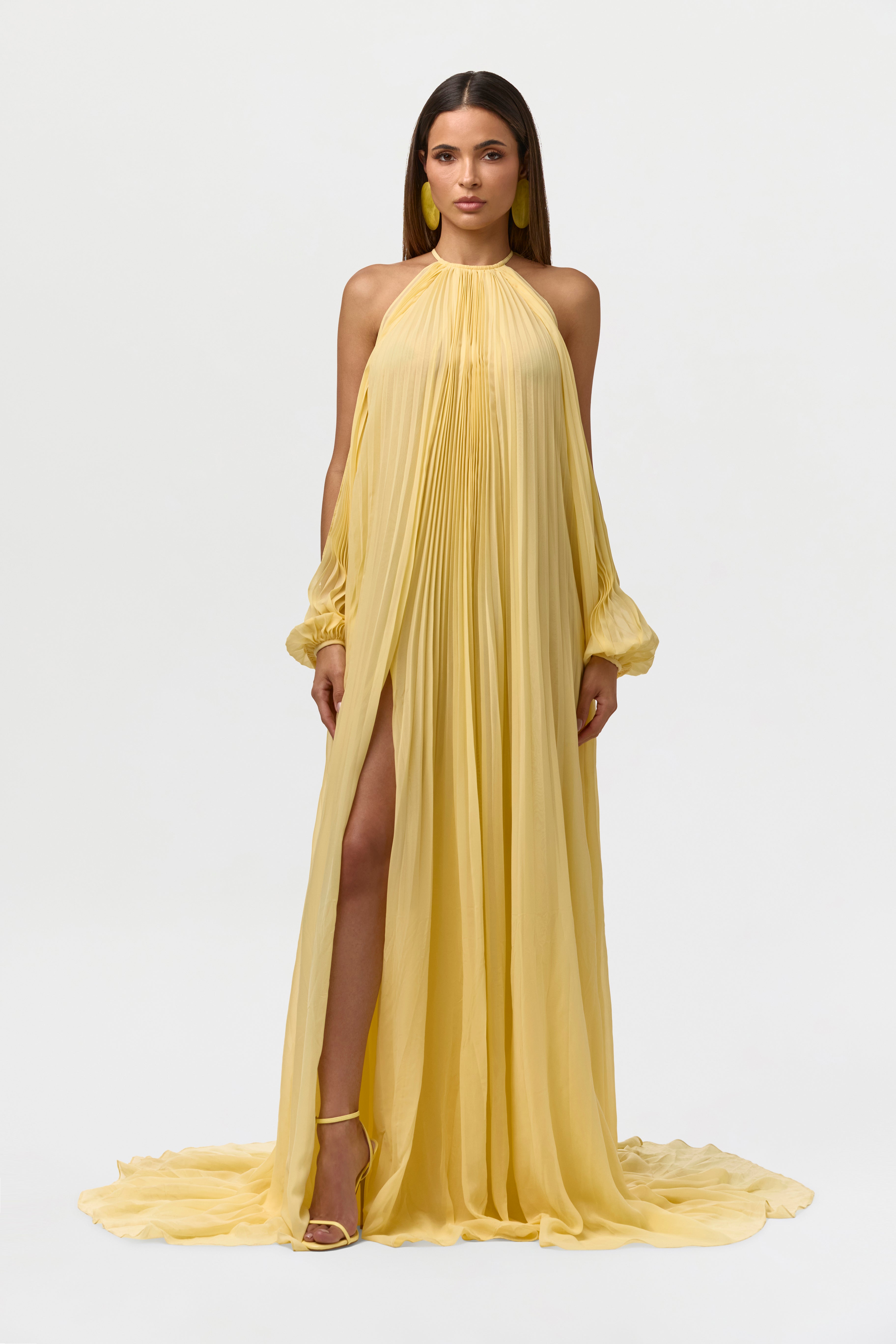 Women's Chiffon Pleated Gown, Lemonade / XS by Naked Wardrobe