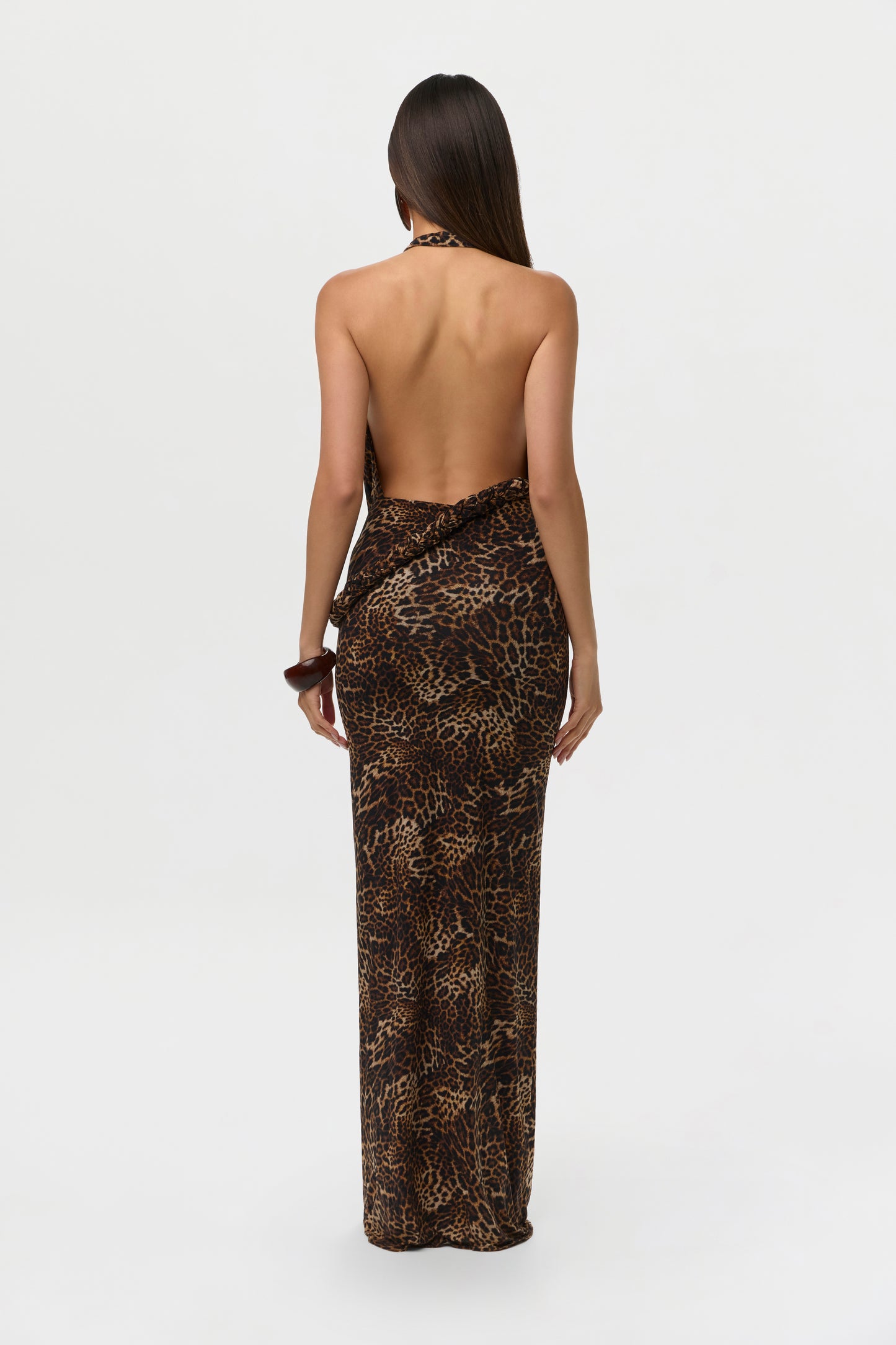 Spotted Leopard Naked Print Halter Braid Maxi Dress
