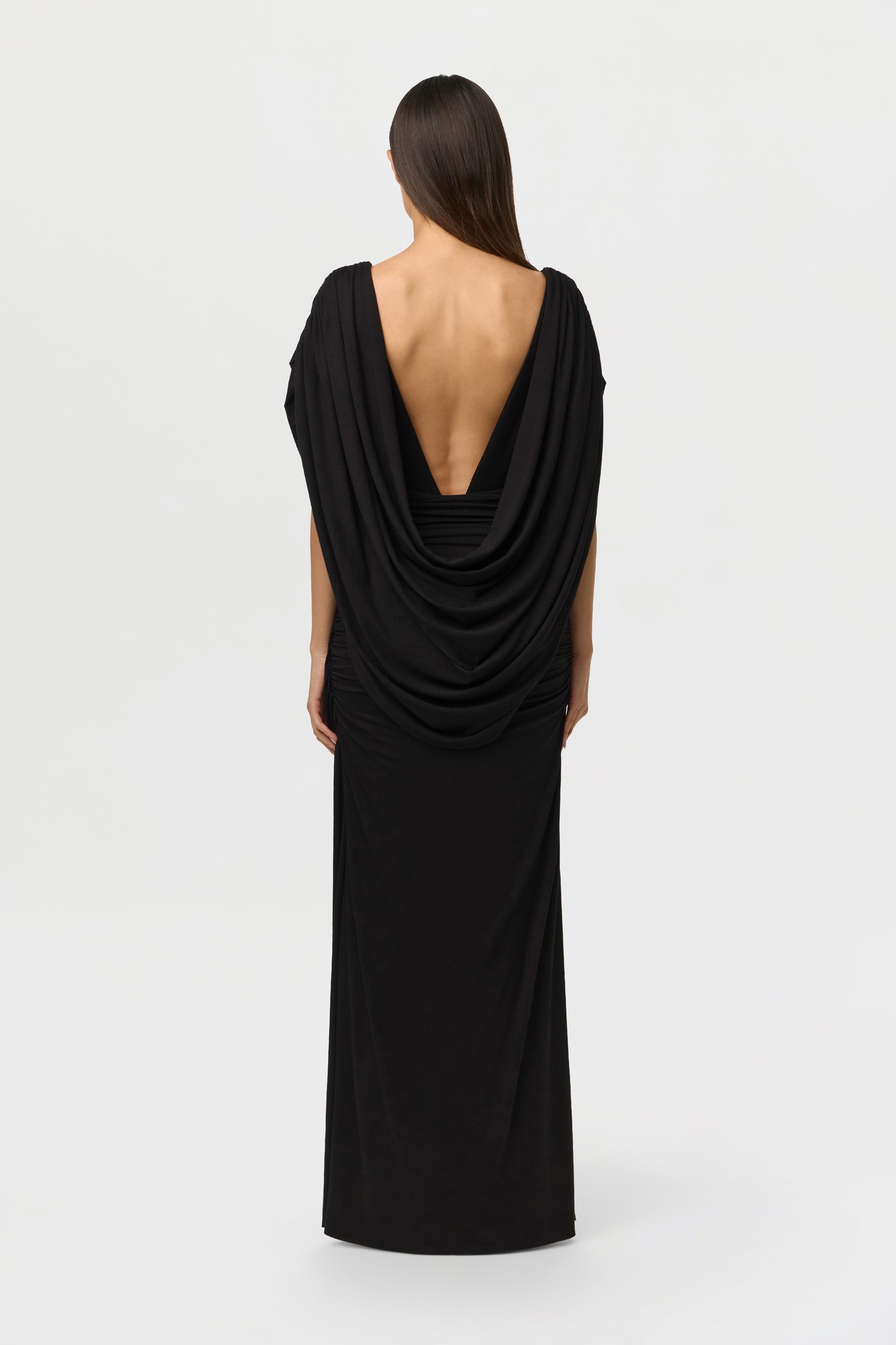 Black Smooth Deep-V Drape Gown