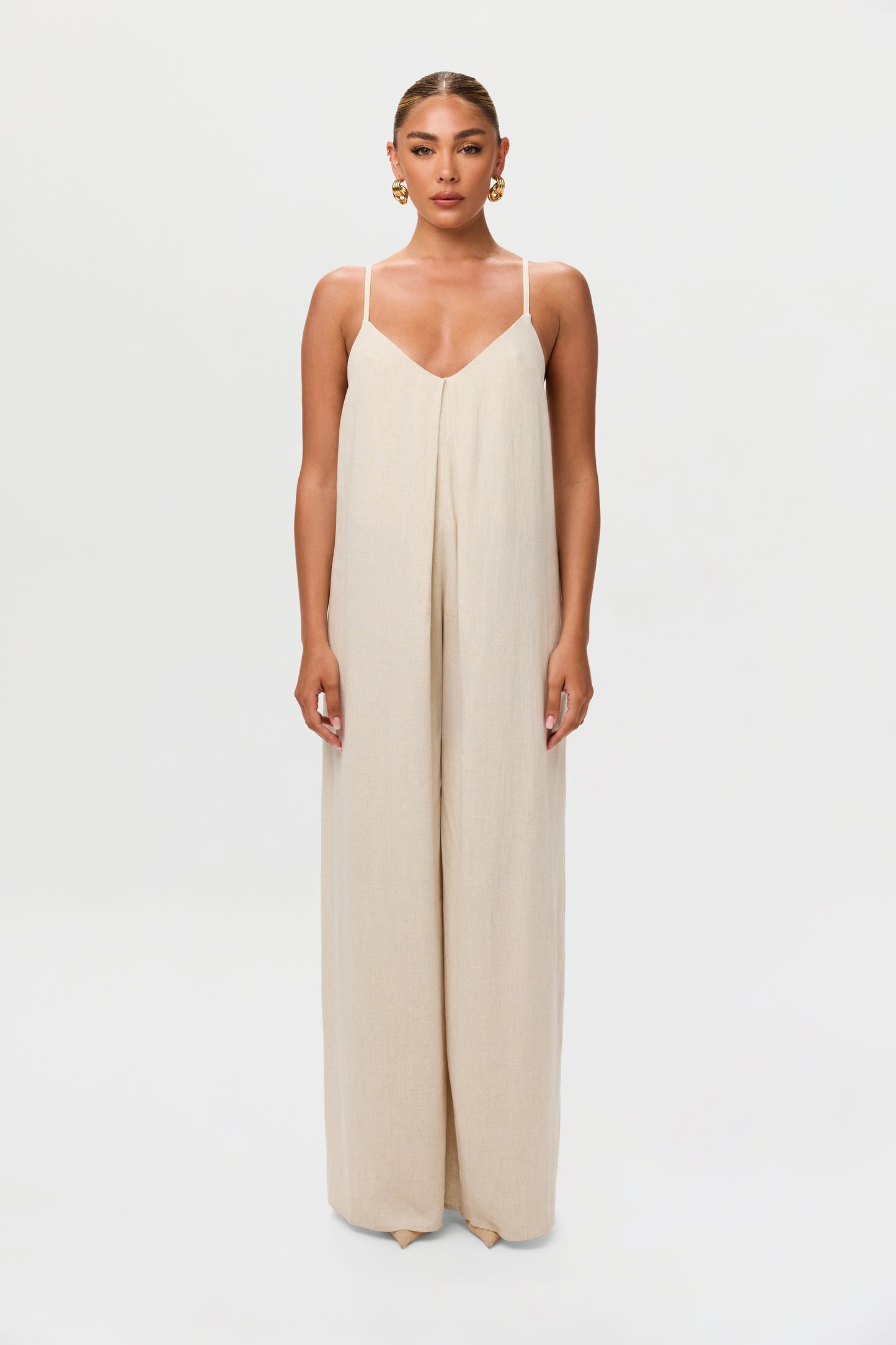 Linen Open Back Wide Leg Jumpsuit
