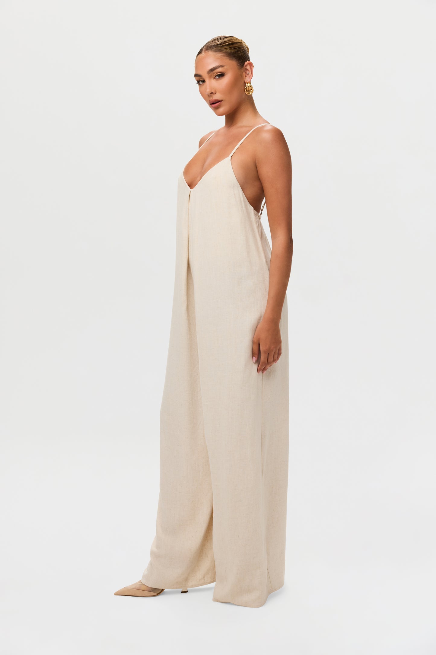 Linen Open Back Wide Leg Jumpsuit