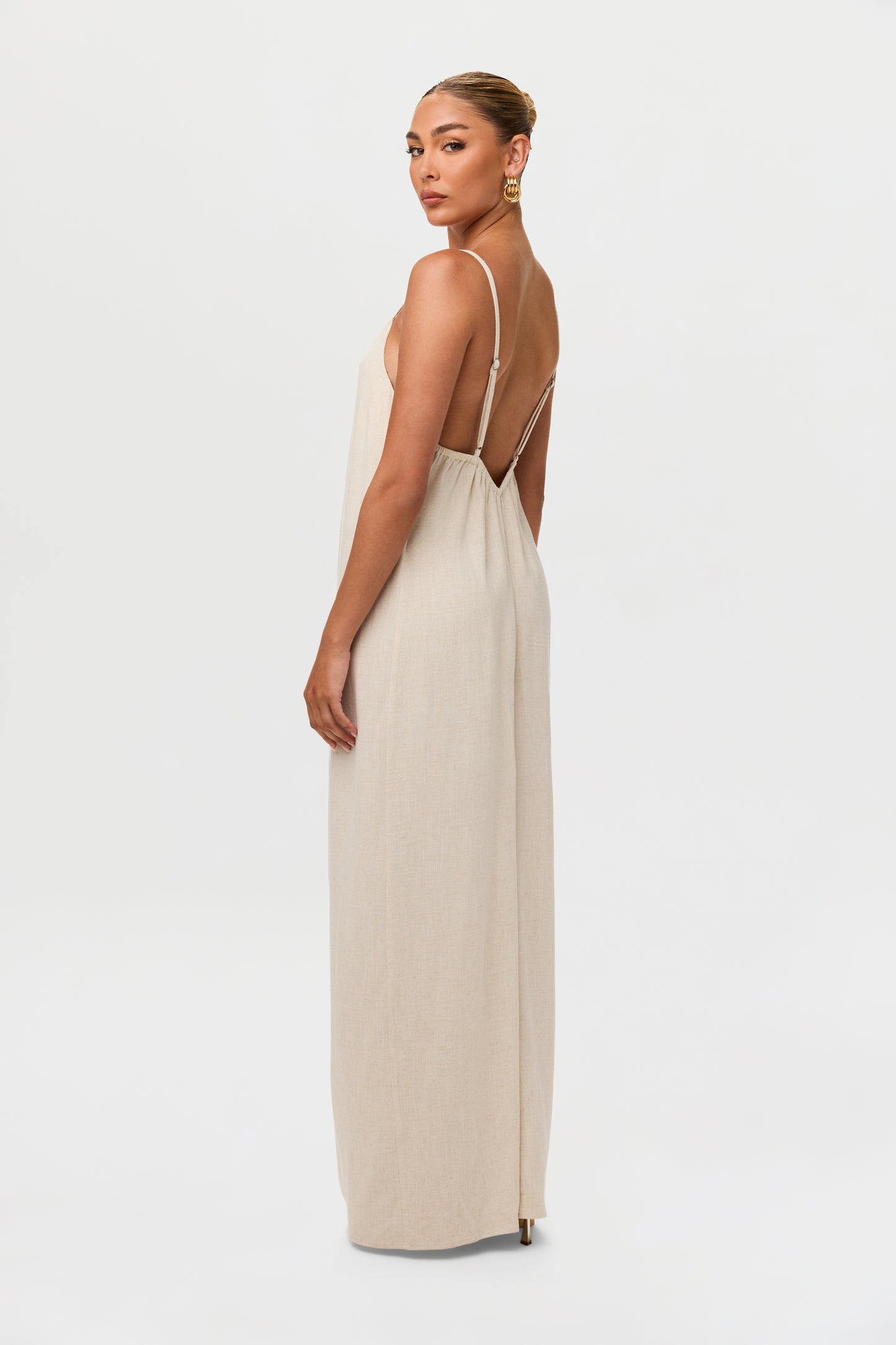 Linen Open Back Wide Leg Jumpsuit