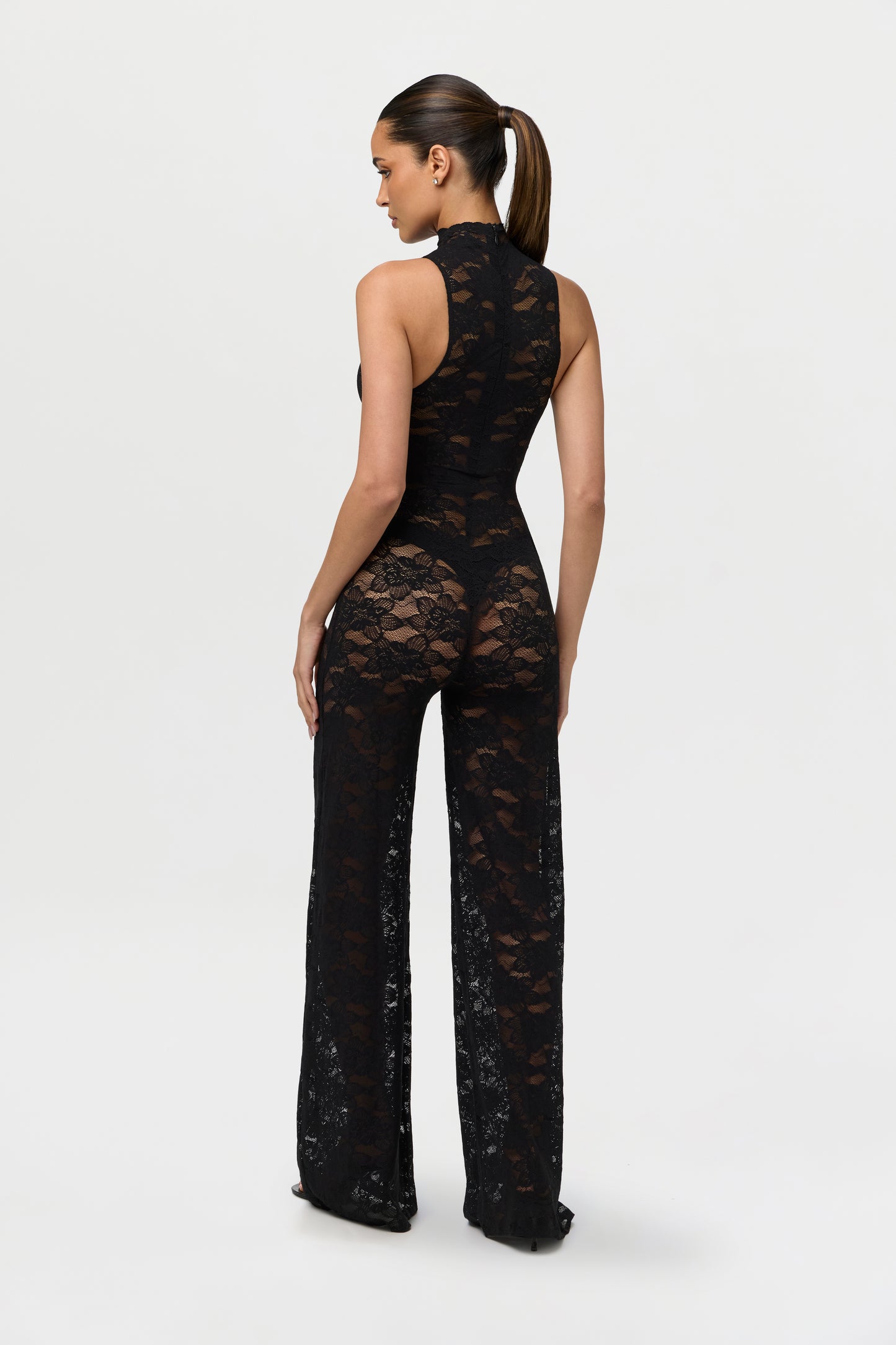 Black Stretch Lace Wide-Leg Jumpsuit