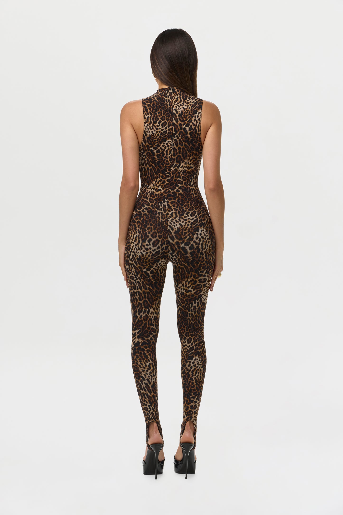 Spotted Leopard Naked Print Sleeveless Stirrup Jumpsuit