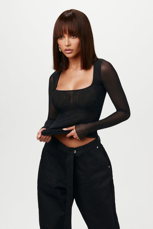 This stretch mesh top combines a classic square neck silhouette with sophisticated texture and a honed close fit. Semi-sheer coverage reveals a hint of skin and styles back to our foundation undergarments, if desired.