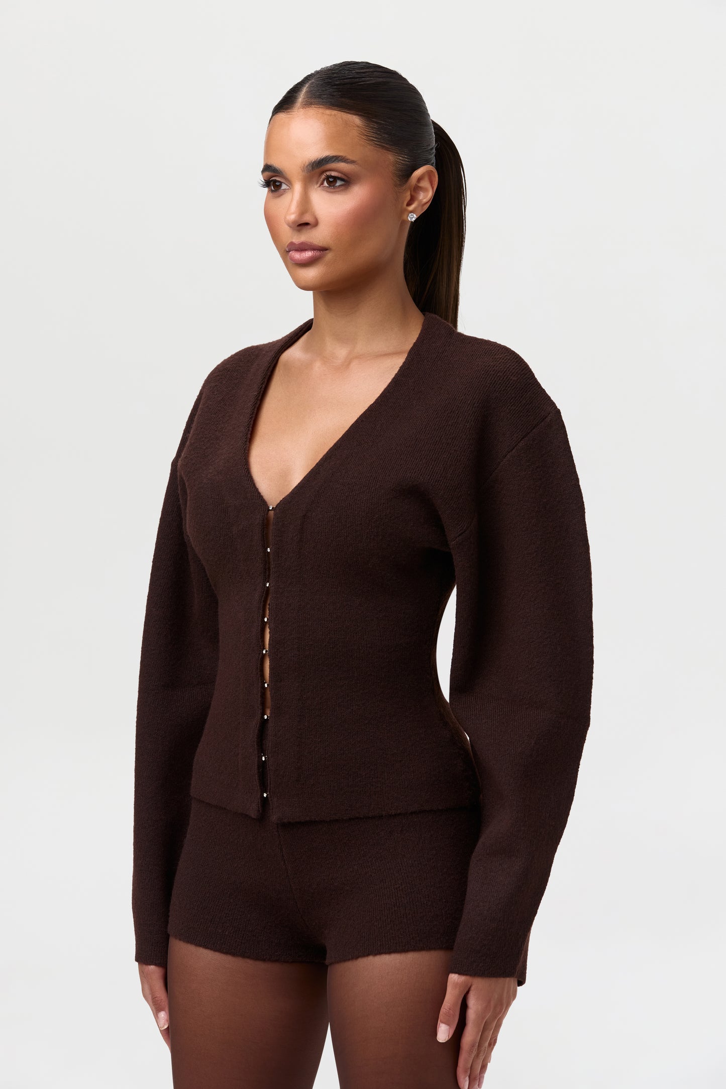 Knit V-Neck Rhinestone Cardigan