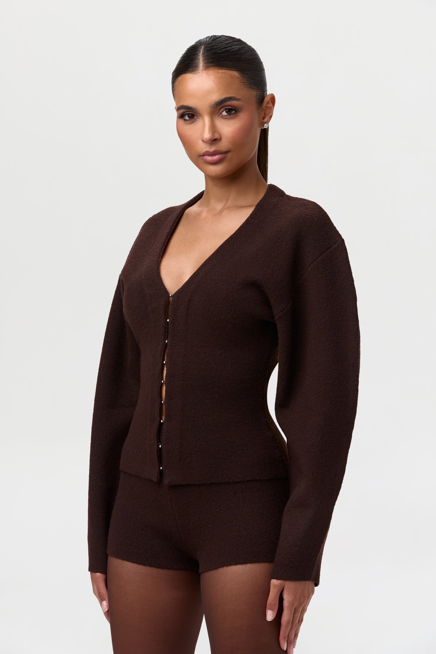 Knit V-Neck Rhinestone Cardigan