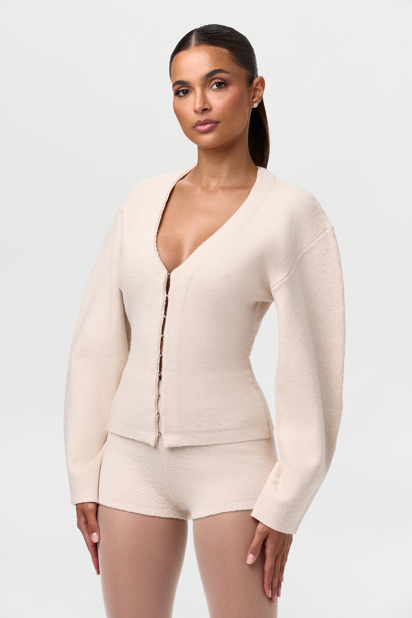 Knit V-Neck Rhinestone Cardigan