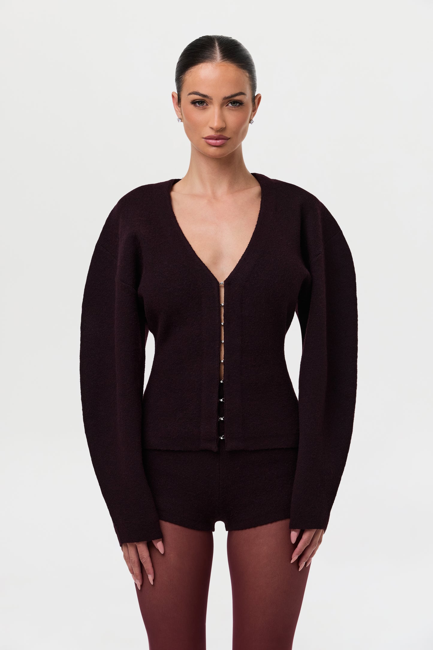 Knit V-Neck Rhinestone Cardigan