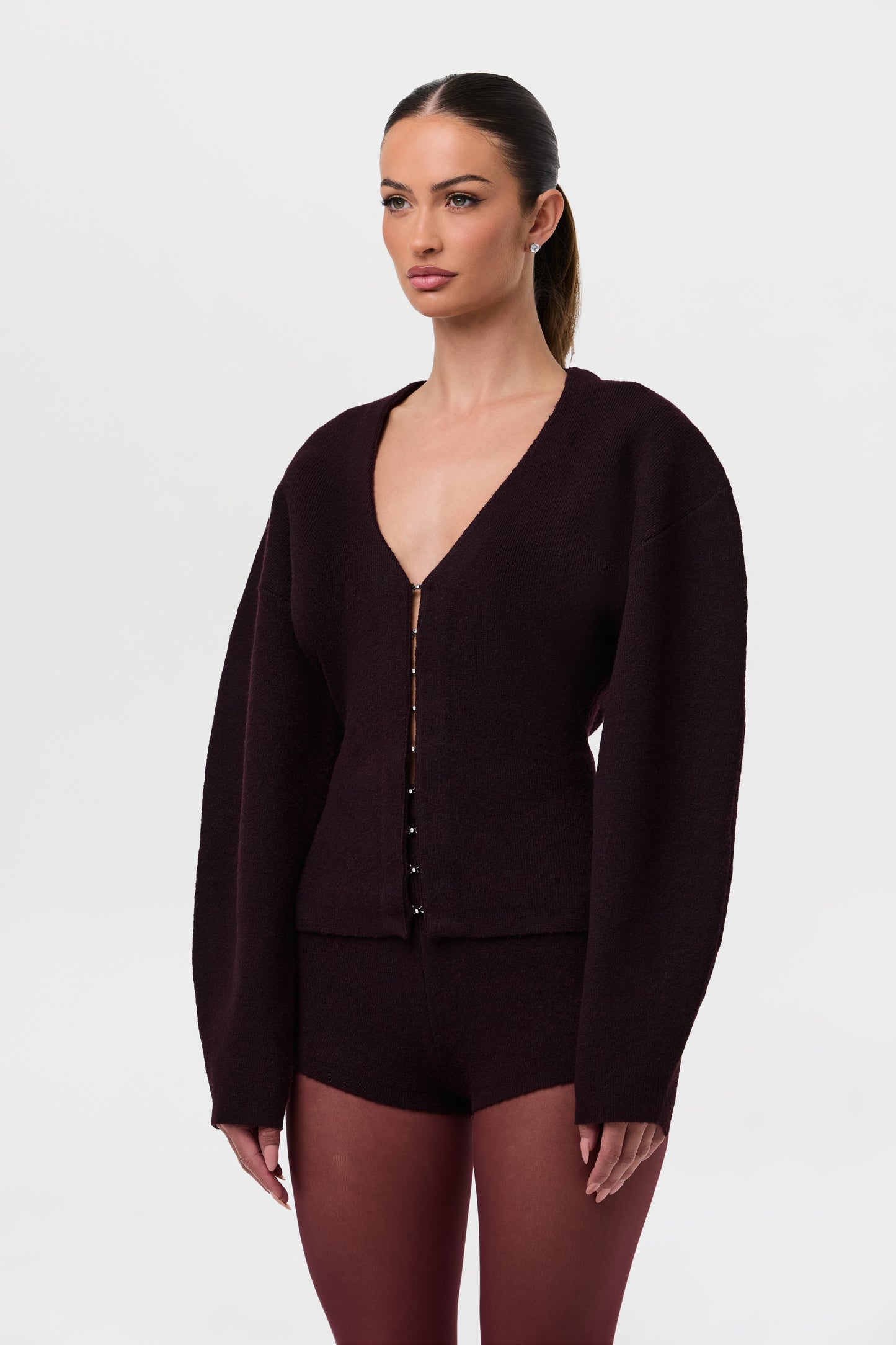 Knit V-Neck Rhinestone Cardigan