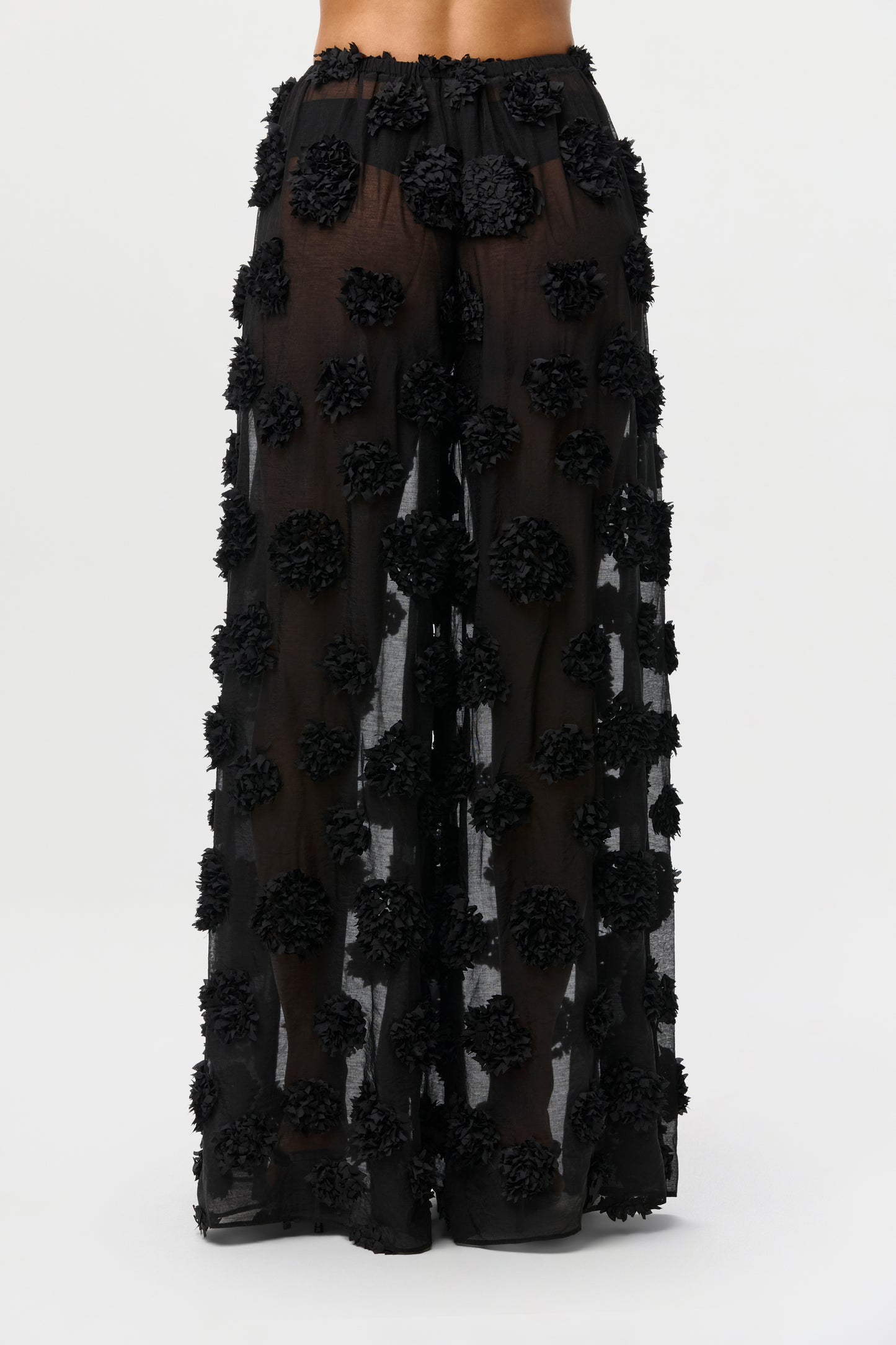 Black Floral Appliqué Wide Leg Pants