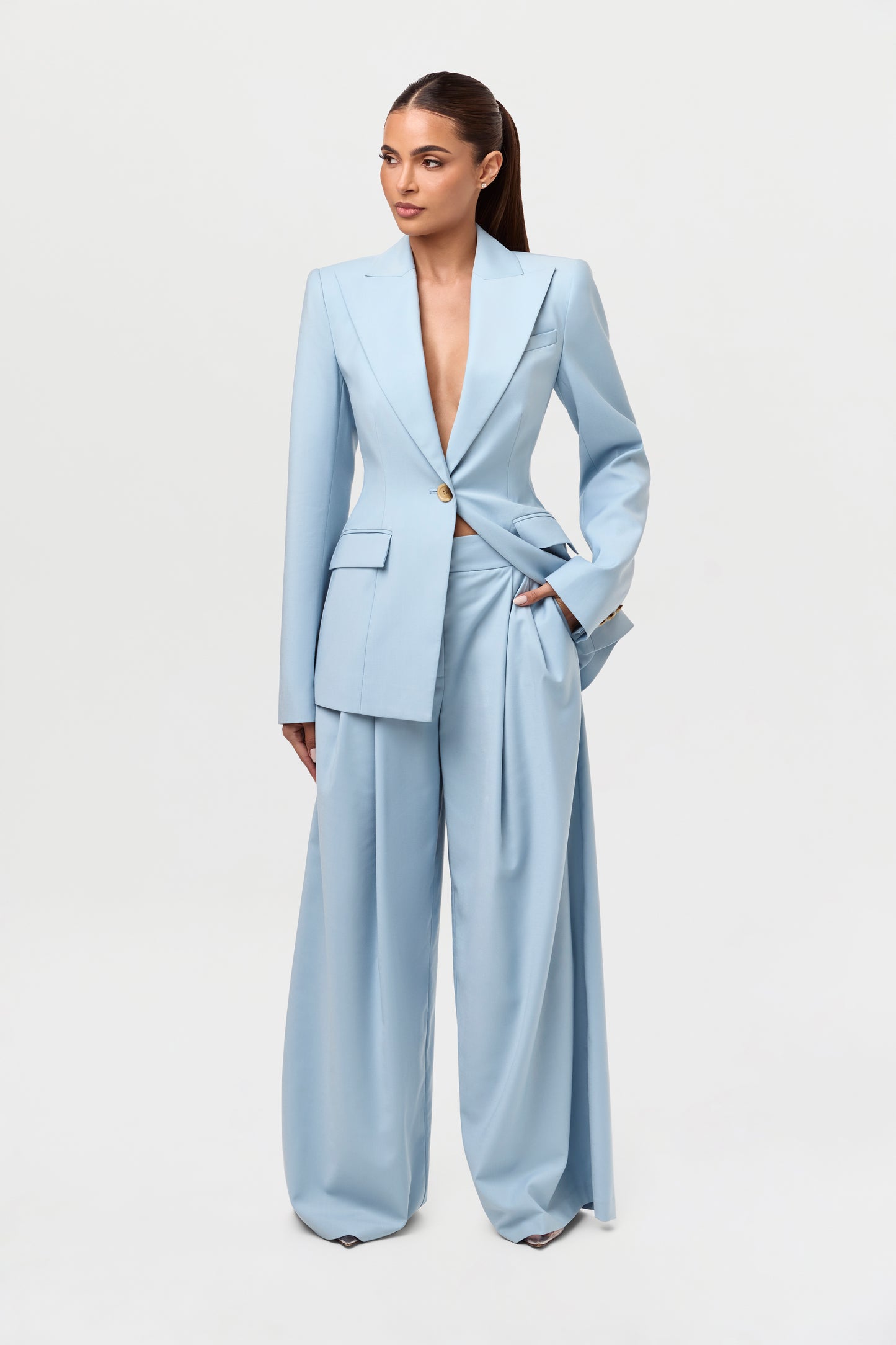 Power Shoulder Fitted Suit Blazer