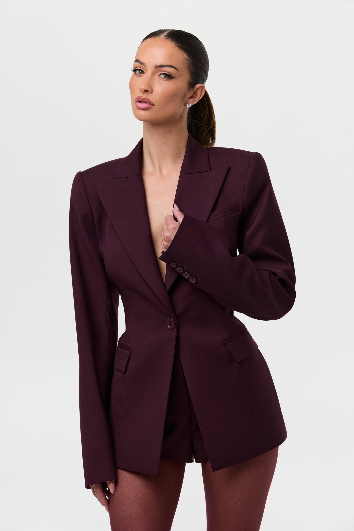 Power Shoulder Fitted Suit Blazer