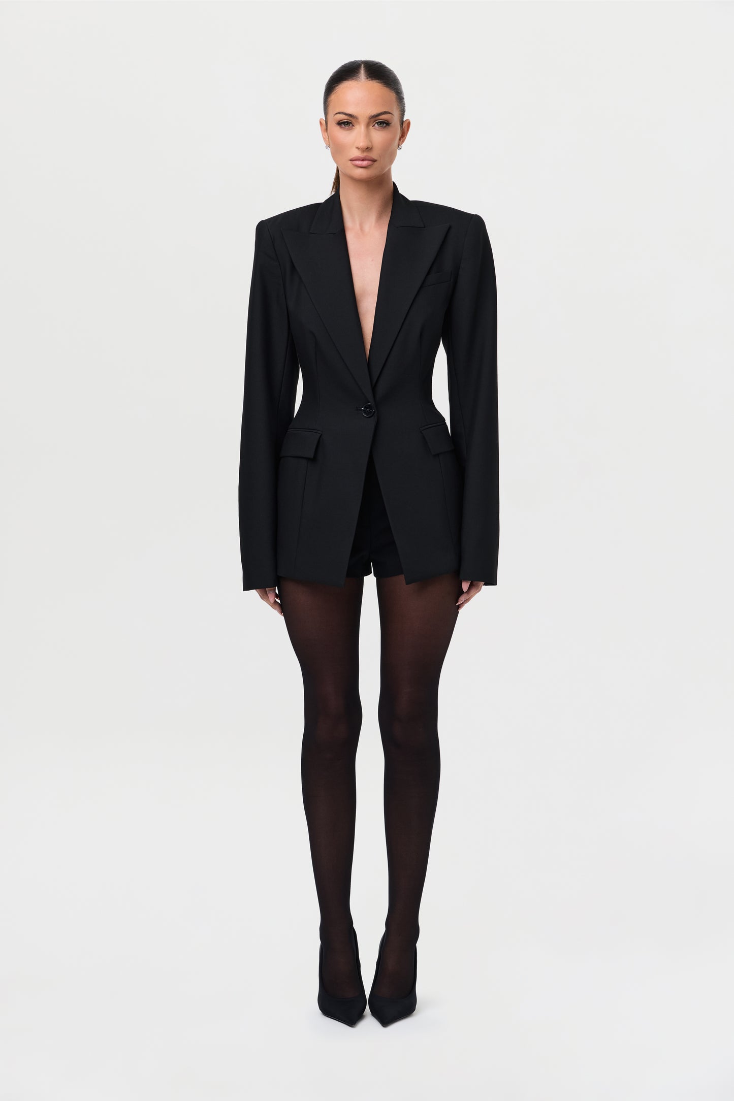 Power Shoulder Fitted Suit Blazer