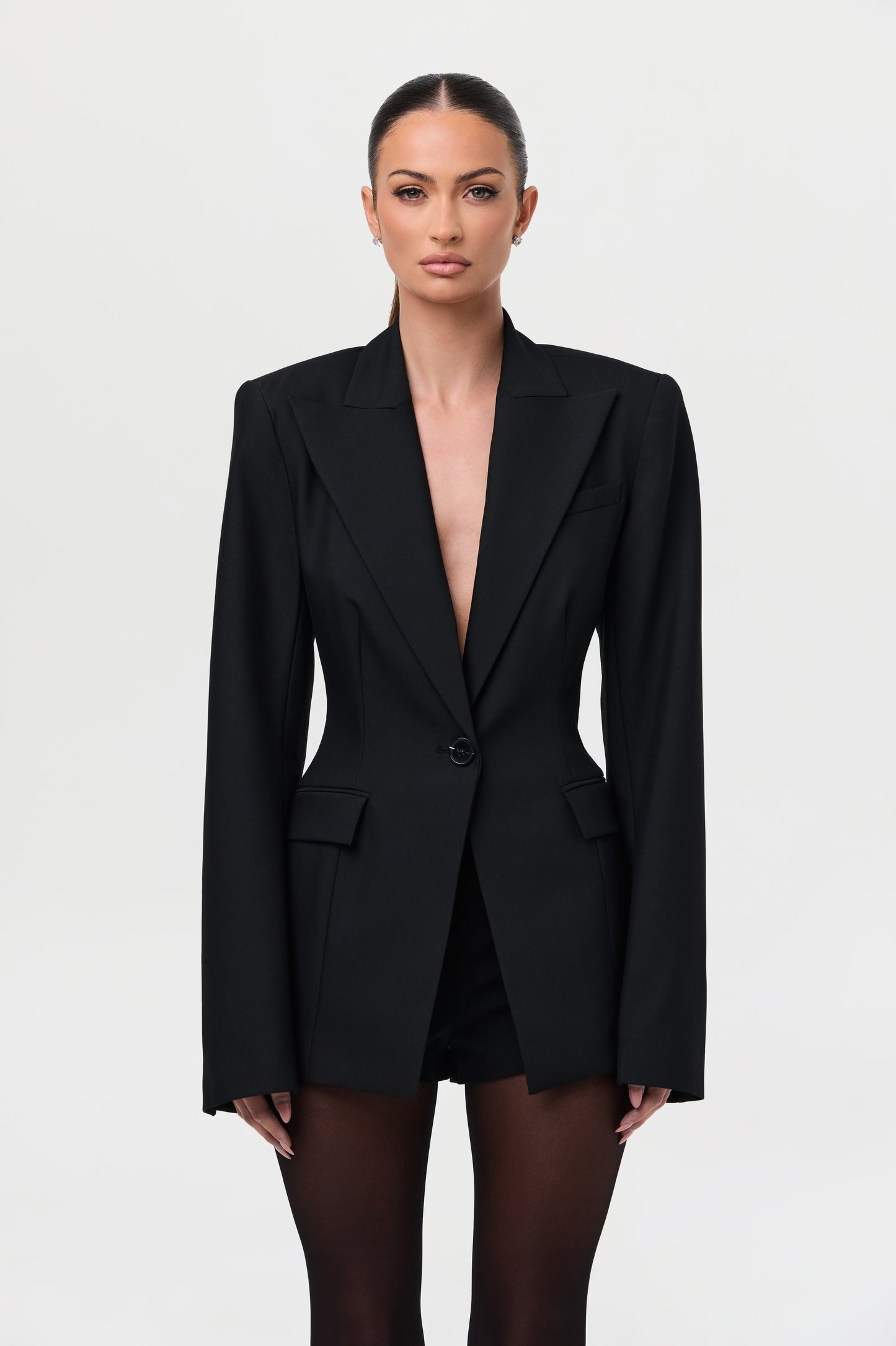 Power Shoulder Fitted Suit Blazer