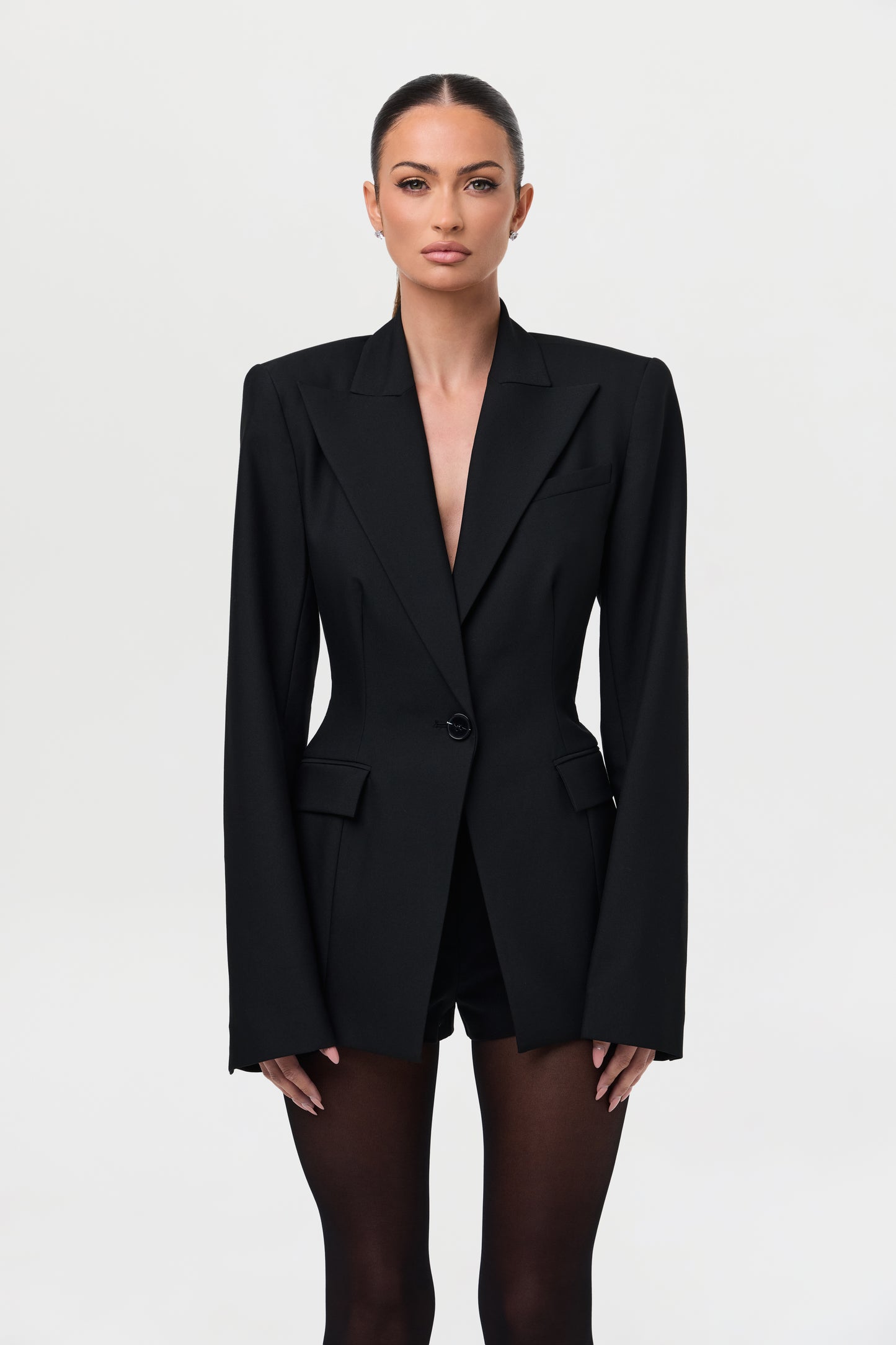 Power Shoulder Fitted Suit Blazer