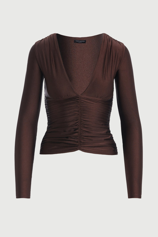 chocolate long-sleeve ruched top