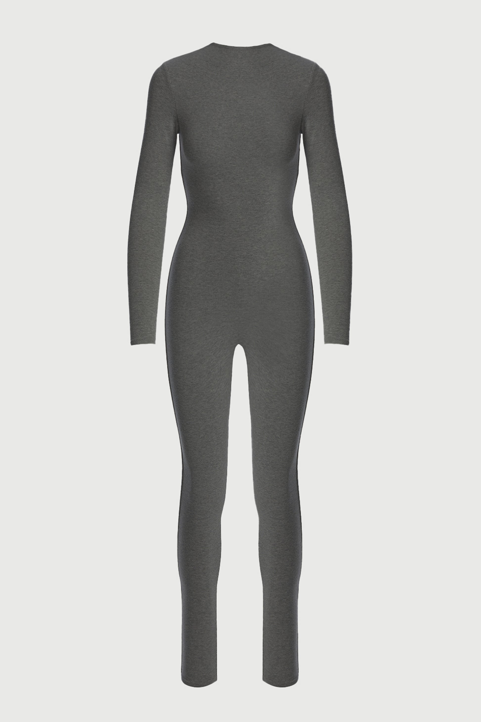 charcoal long-sleeve, full-body jumpsuit