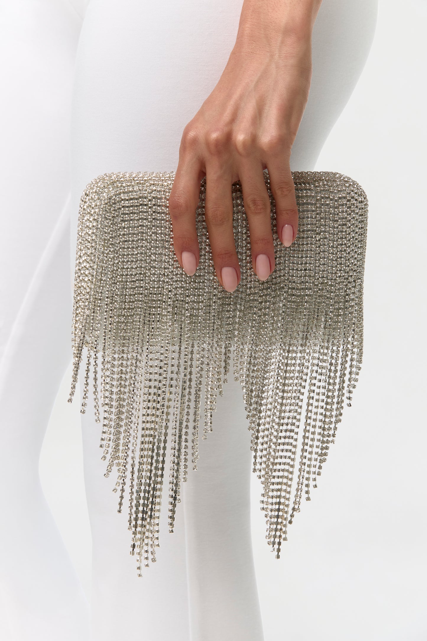 Silver Crystal Fringe Clutch