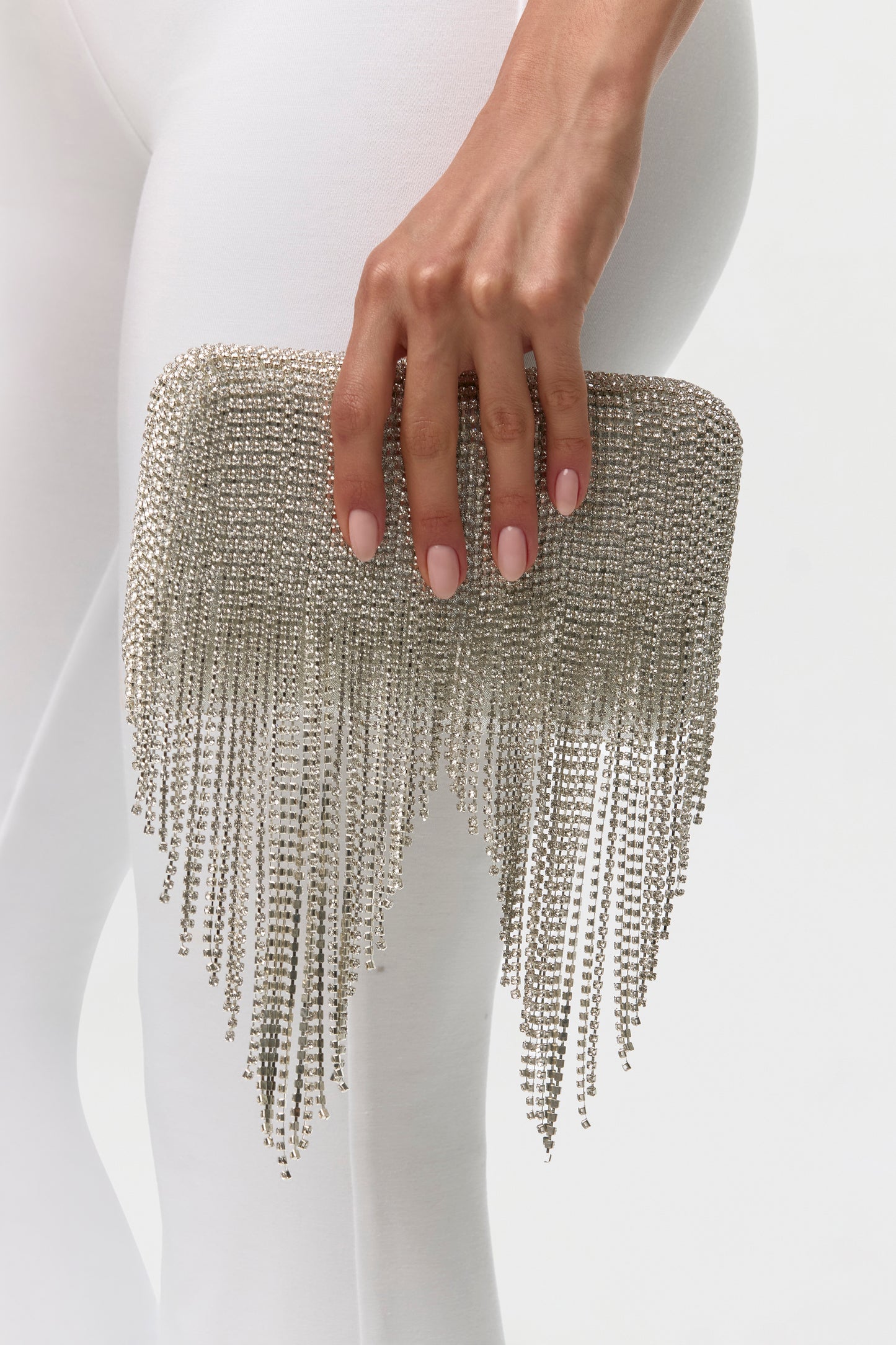 Silver Crystal Fringe Clutch
