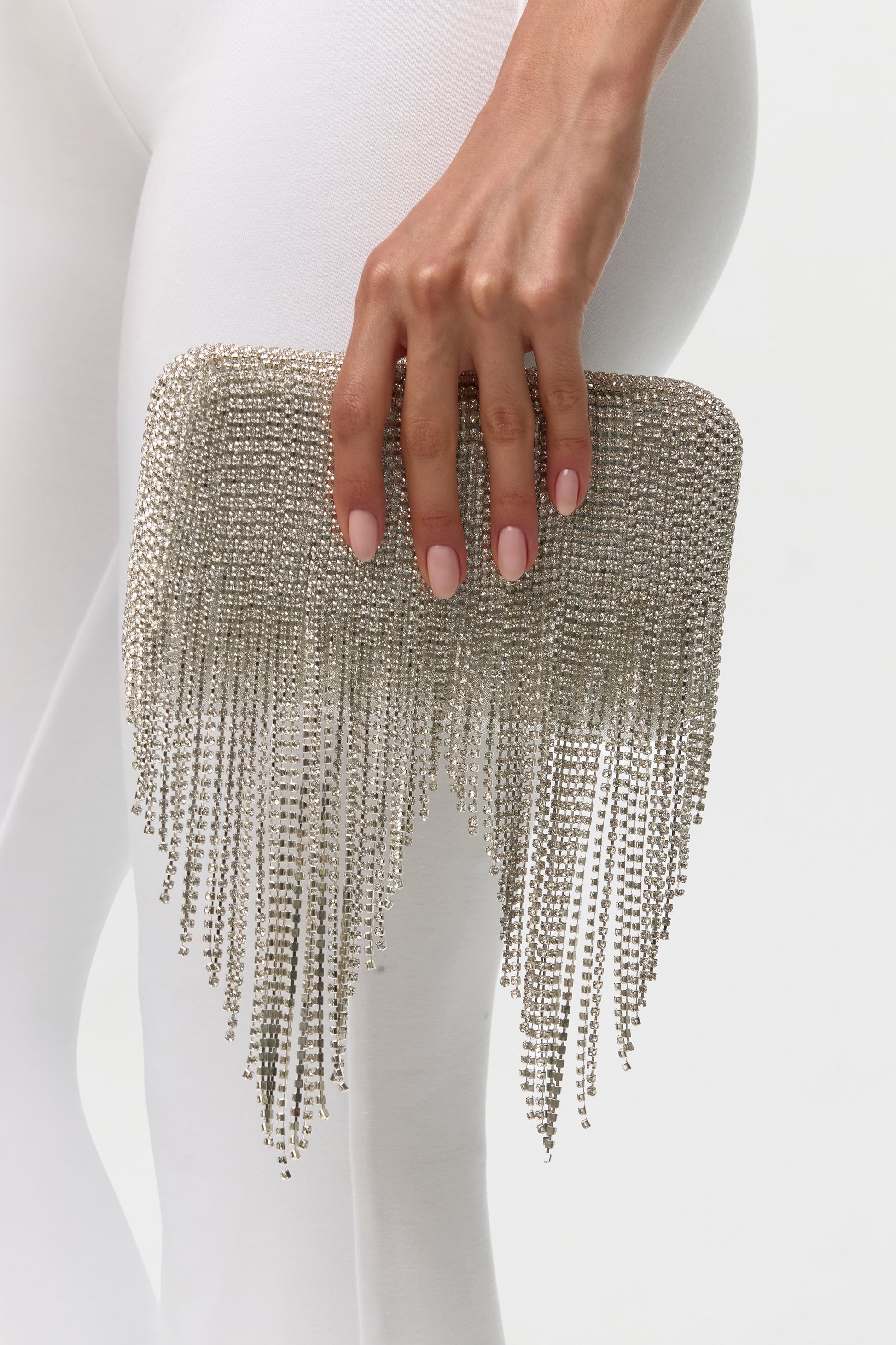 Silver Crystal Fringe Clutch