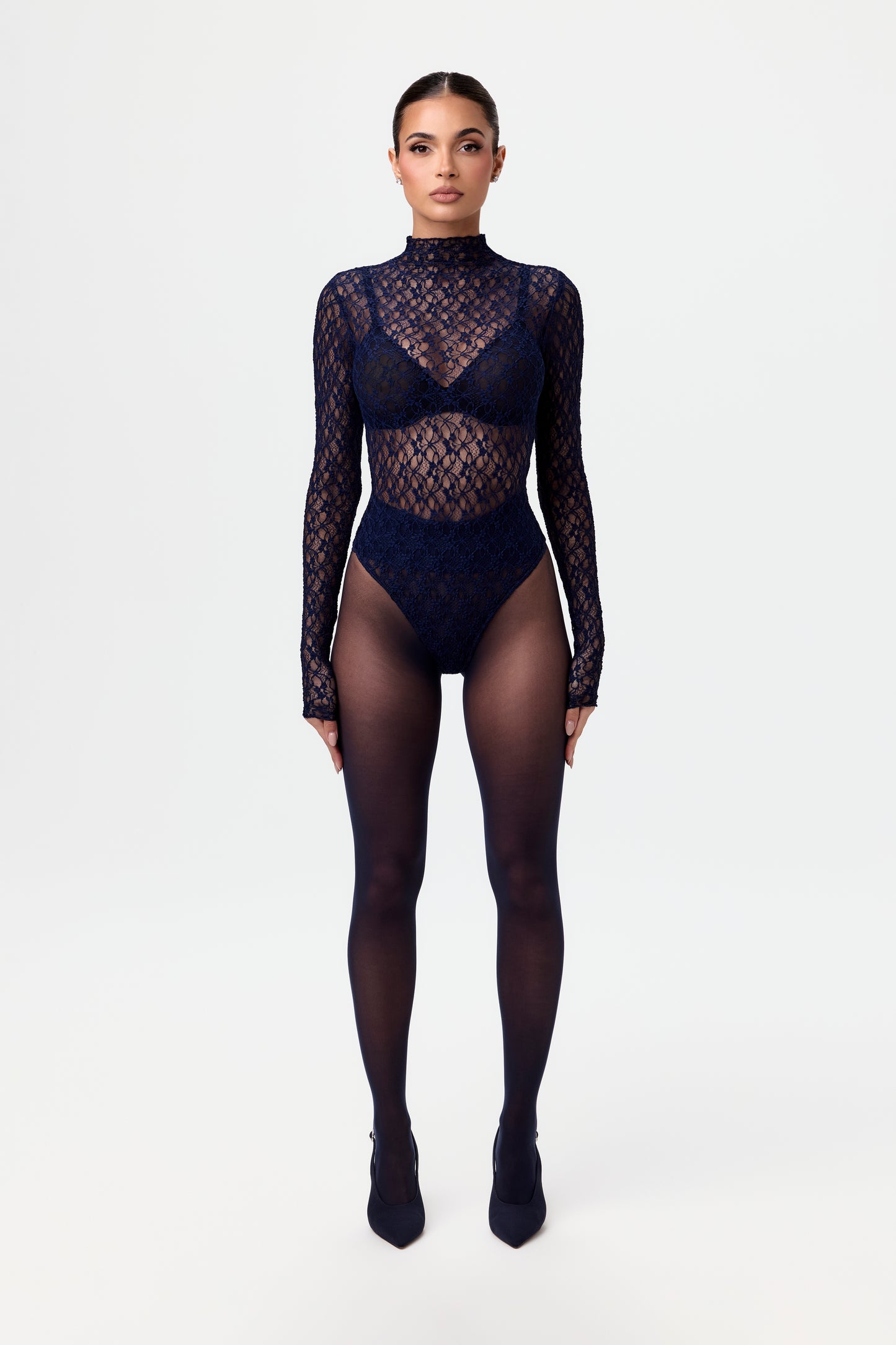 Stretch Lace Turtleneck Bodysuit