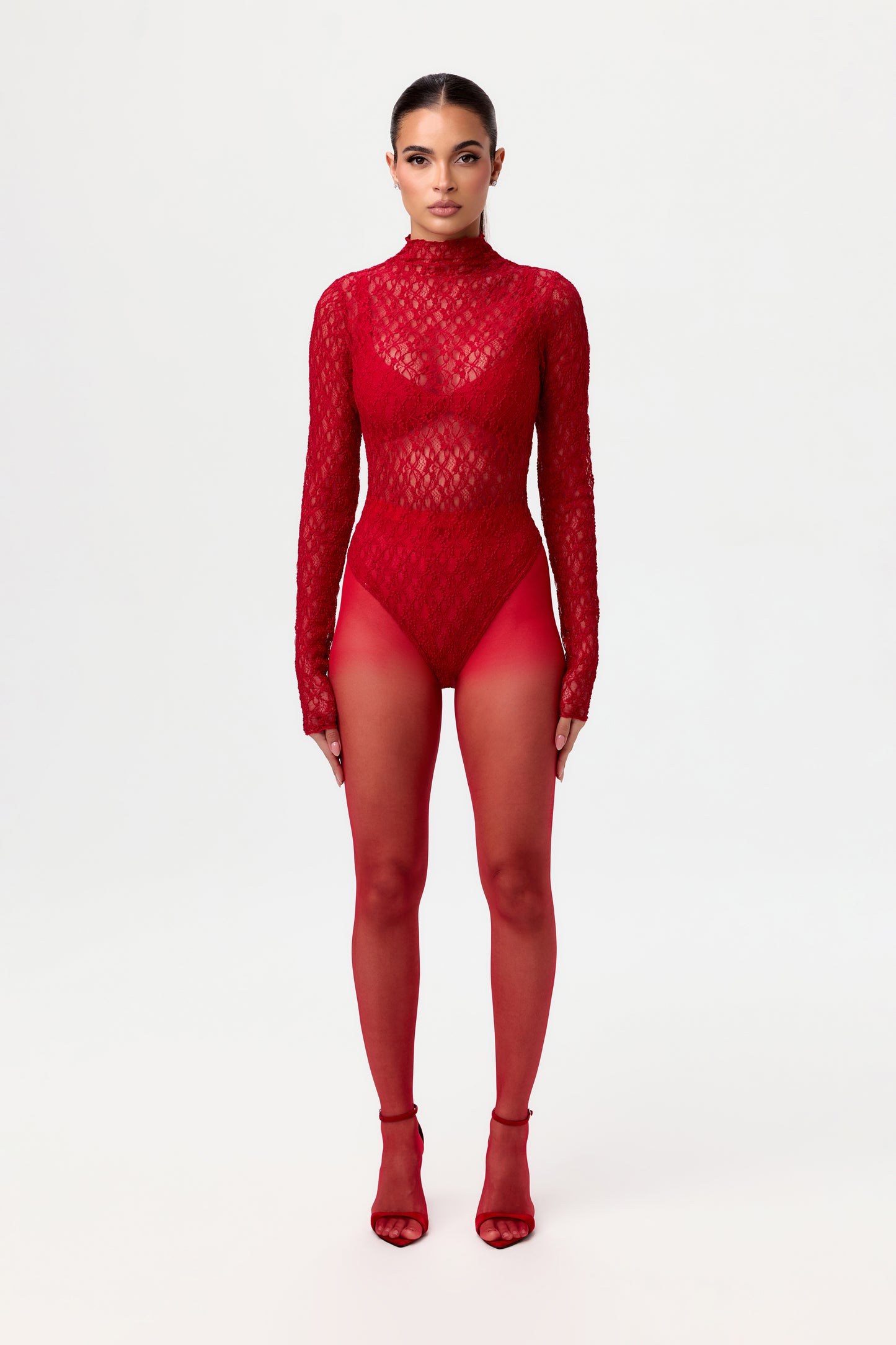 Stretch Lace Turtleneck Bodysuit