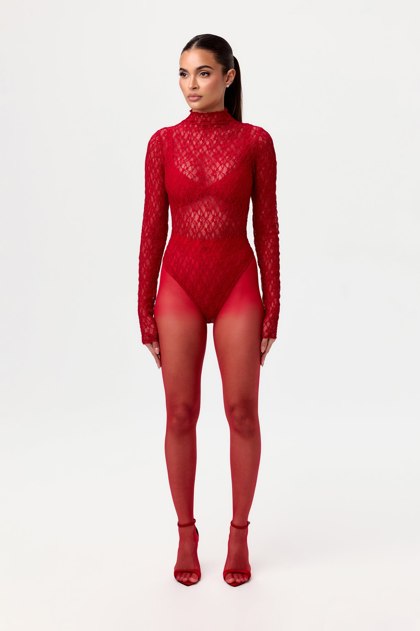 Stretch Lace Turtleneck Bodysuit