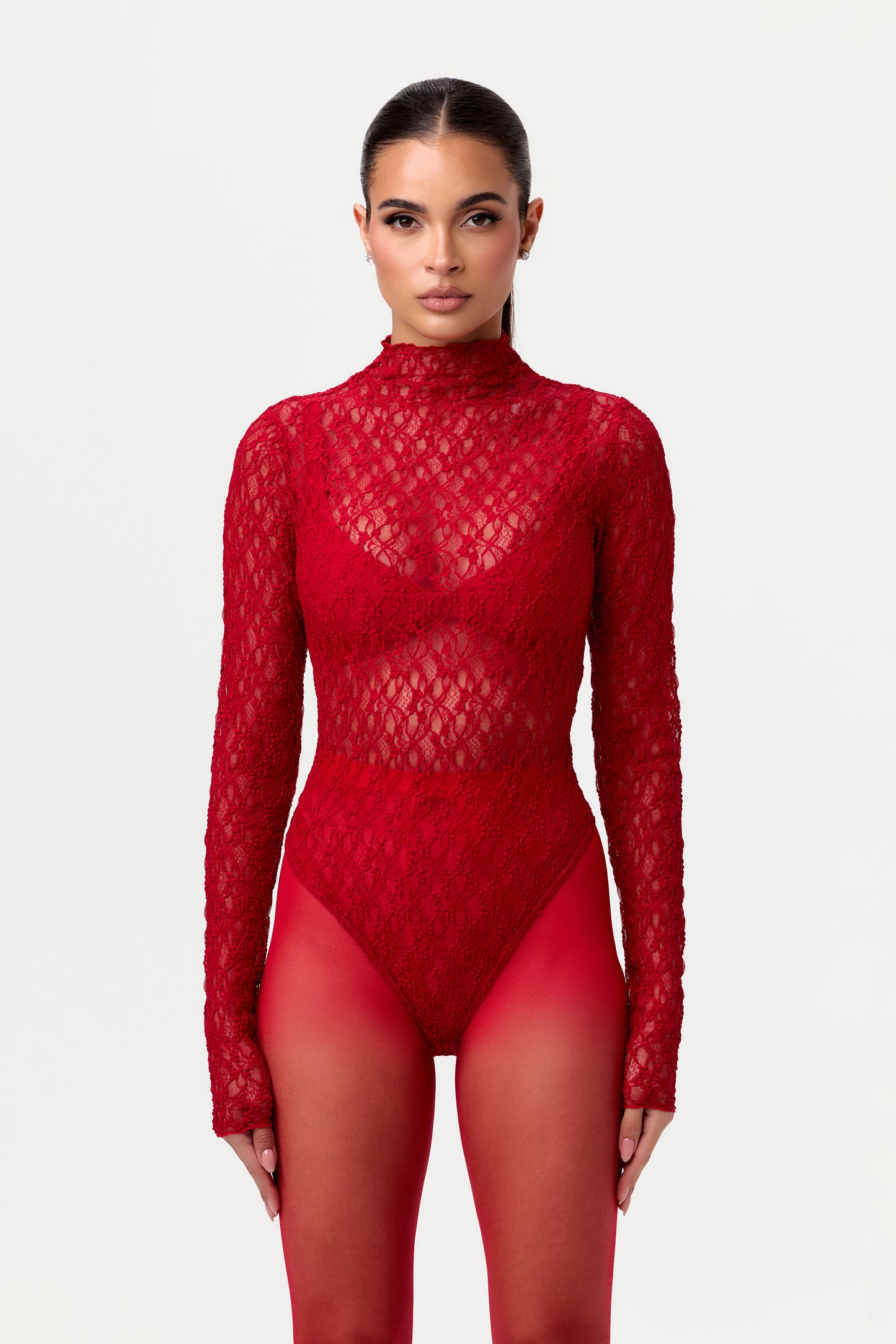 Stretch Lace Turtleneck Bodysuit