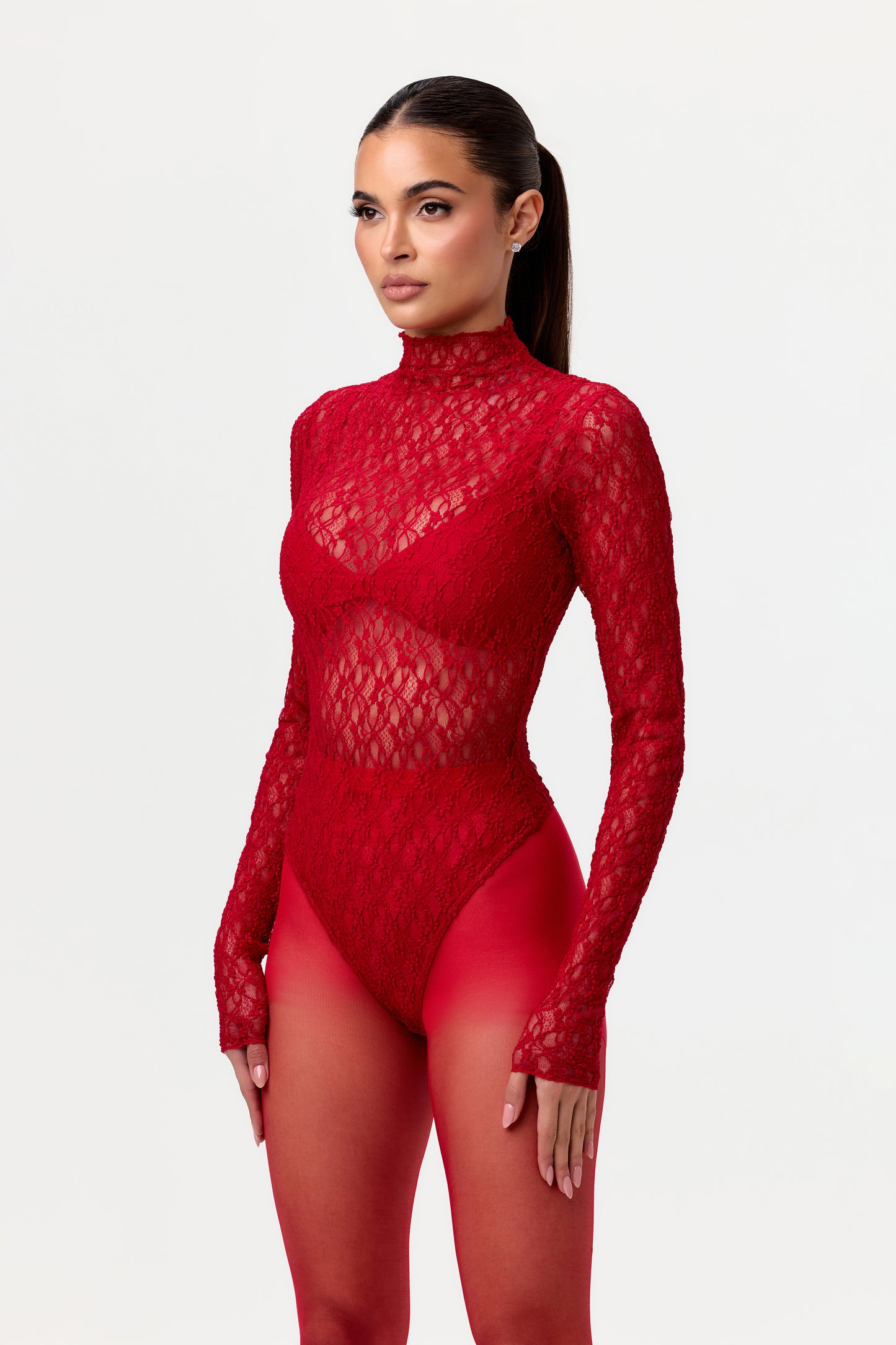 Stretch Lace Turtleneck Bodysuit