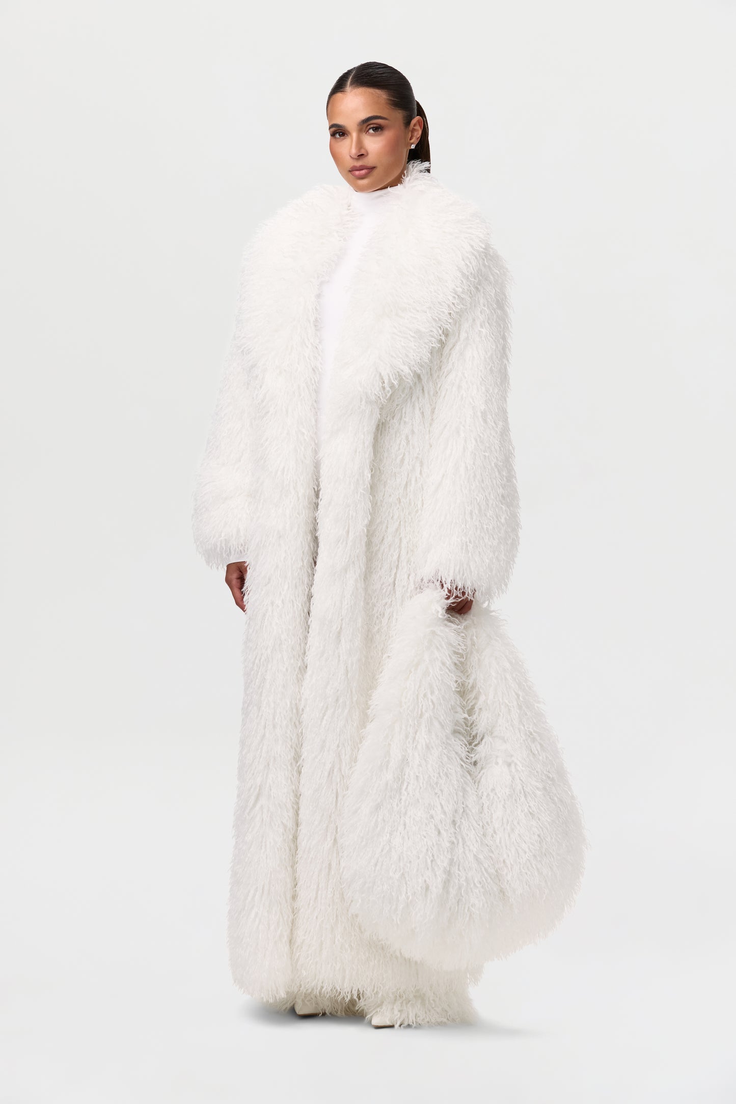 Women's Faux Fur Plush Long Coat by Naked Wardrobe, Ivory / XS Women's Faux Fur Plush Long Coat by Naked Wardrobe, Ivory / XS