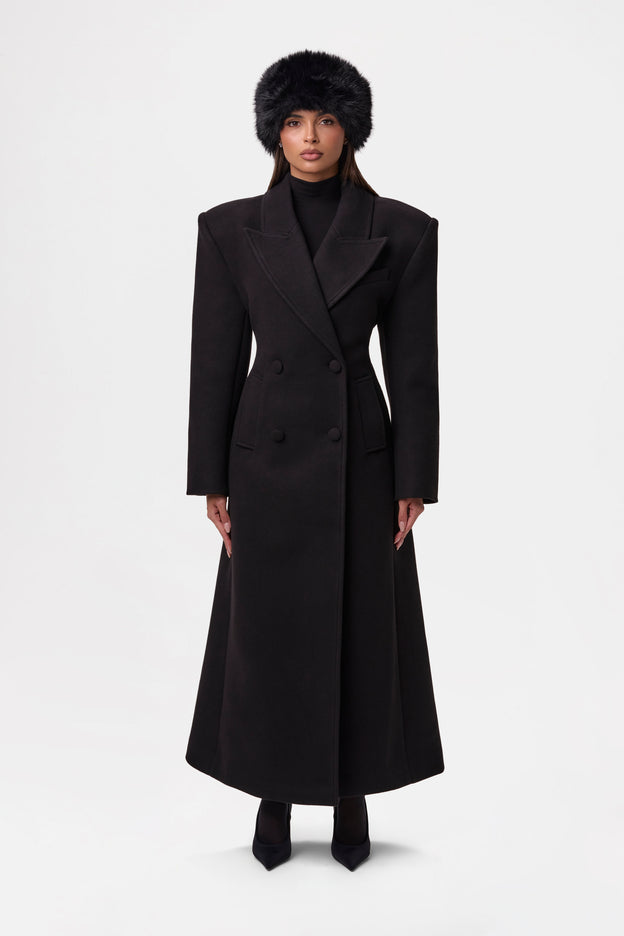 Faux Wool Power Shoulder Coat