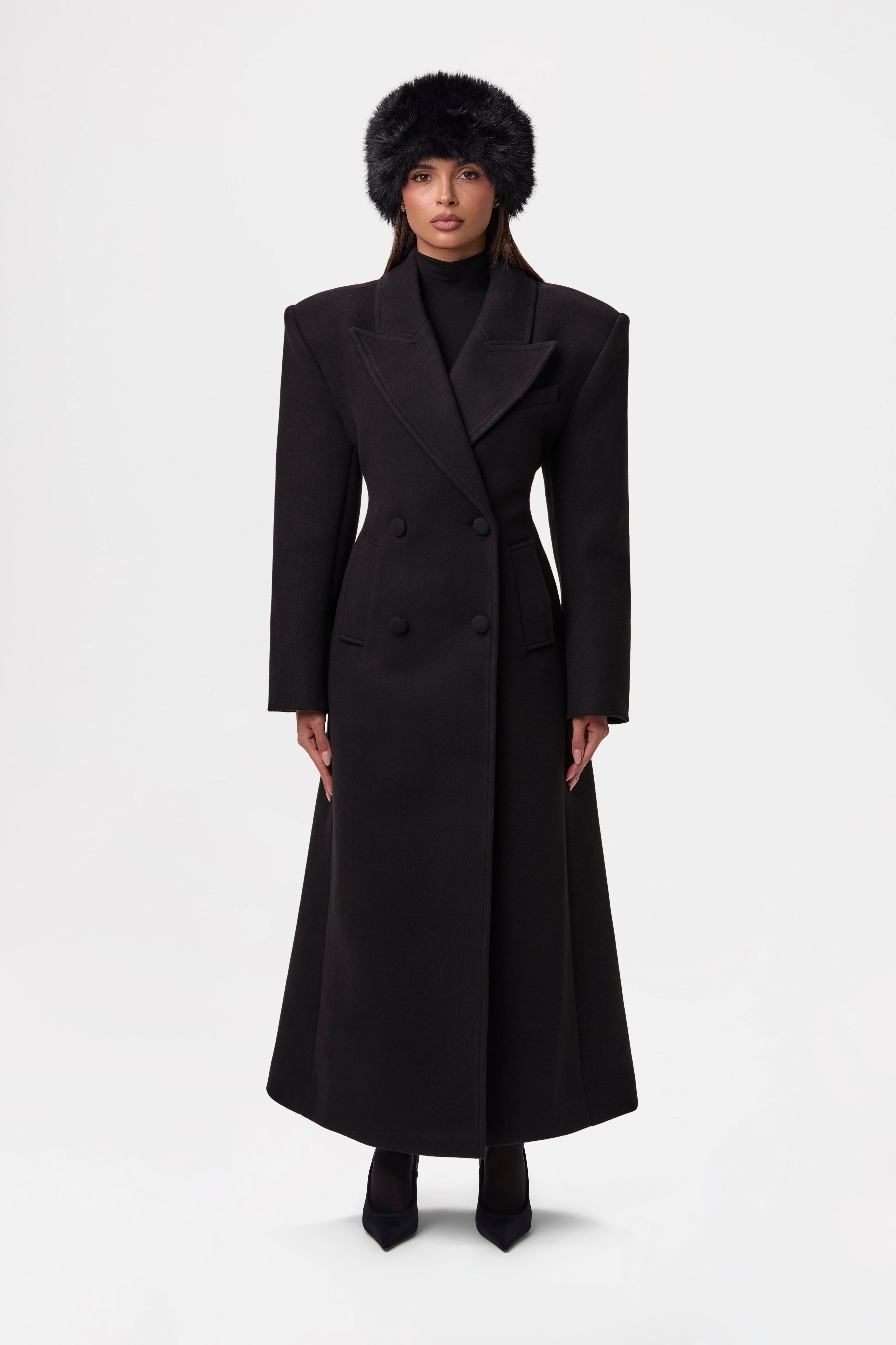 Faux Wool Power Shoulder Coat