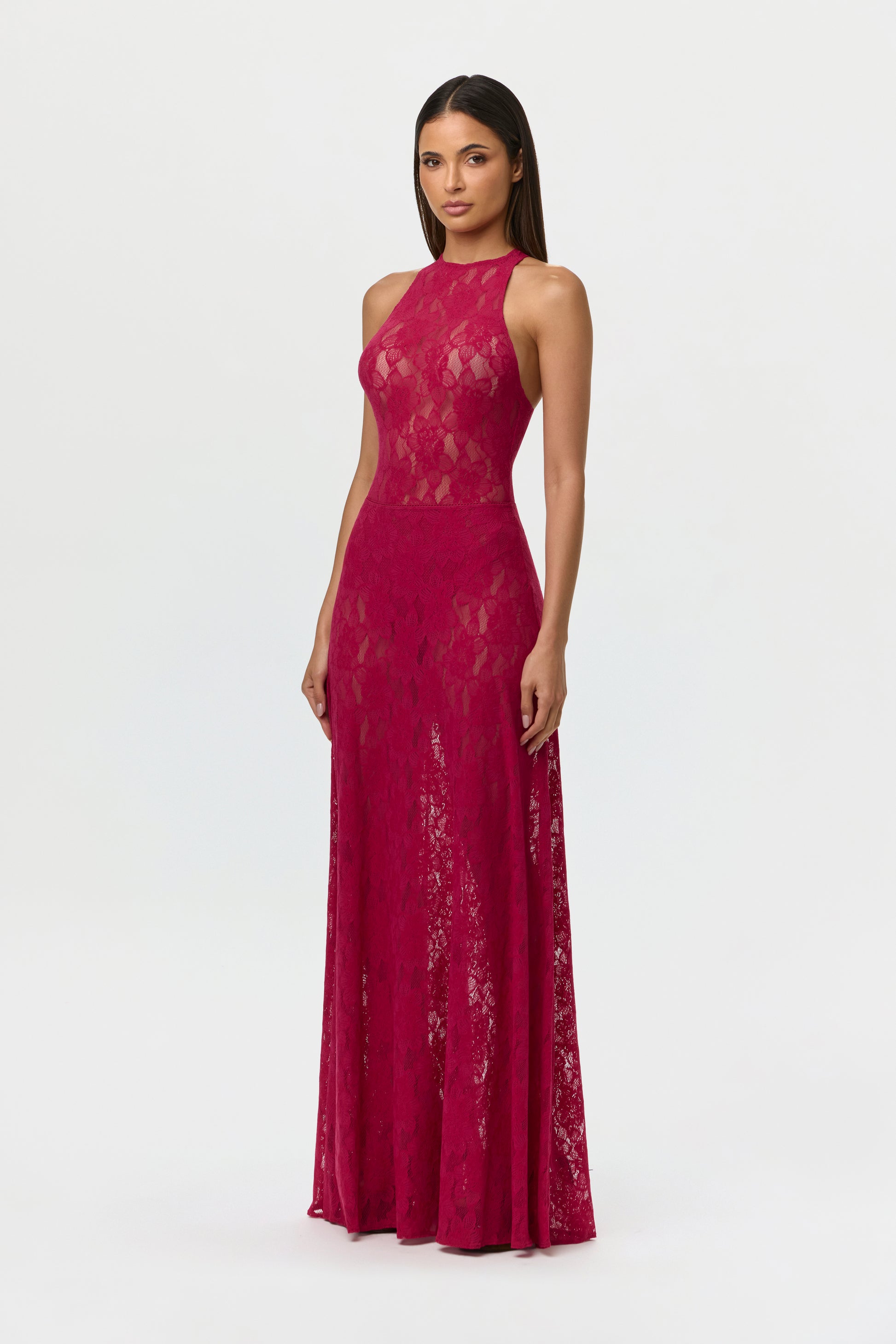 Dark Raspberry Stretch Lace Maxi Skirt