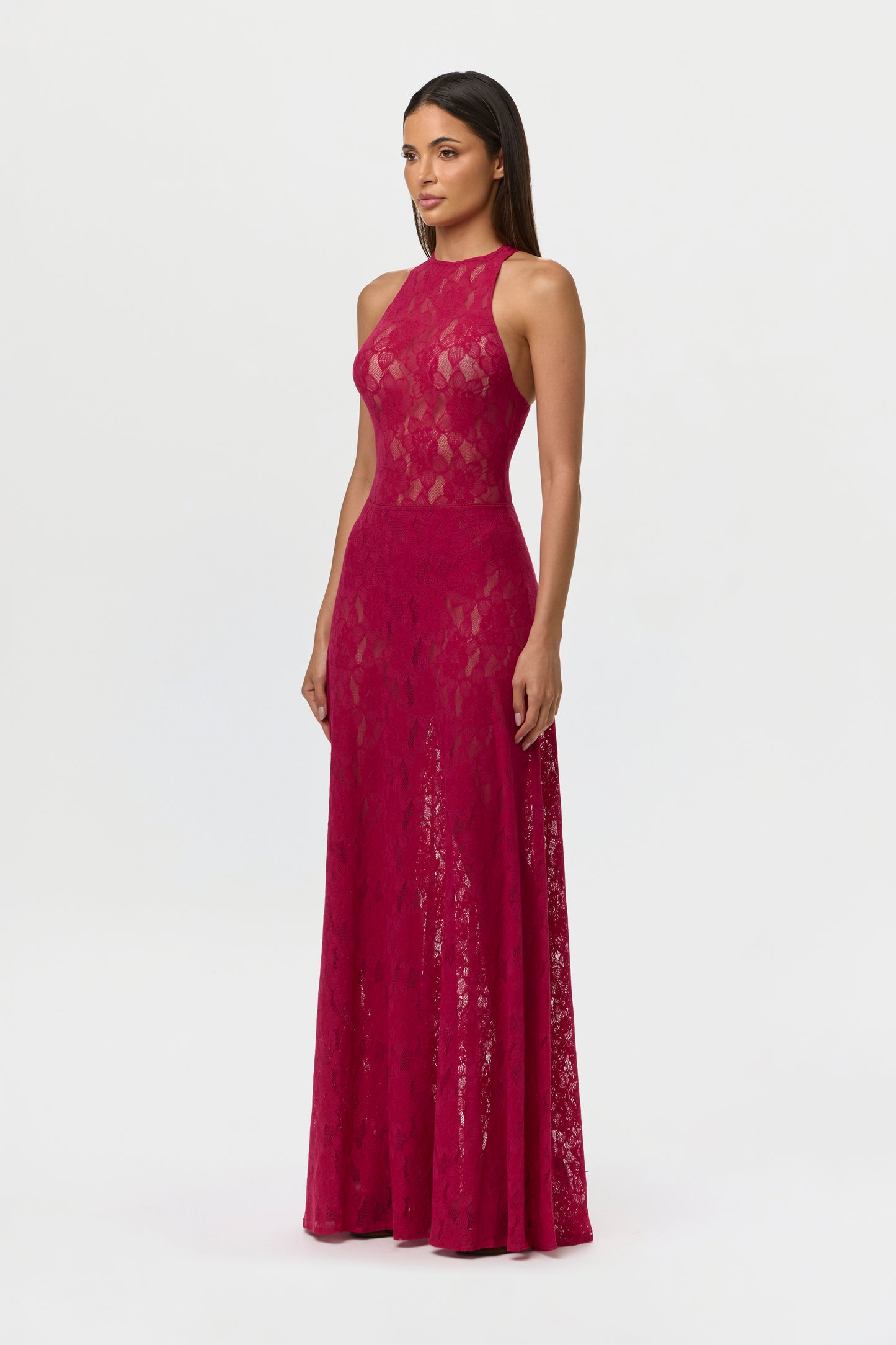 Dark Raspberry Stretch Lace Maxi Skirt