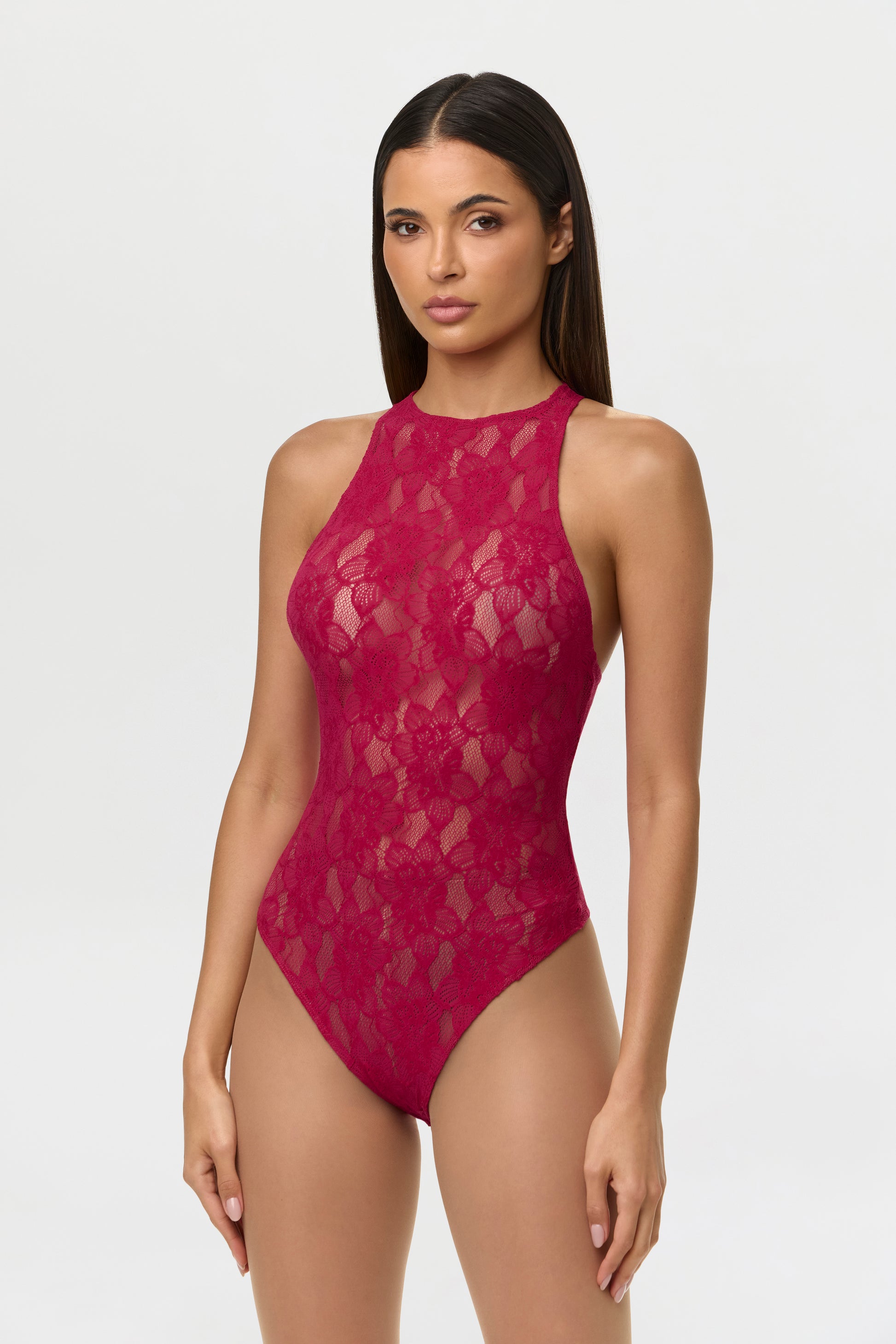 Dark Raspberry Stretch Lace Racerback Bodysuit