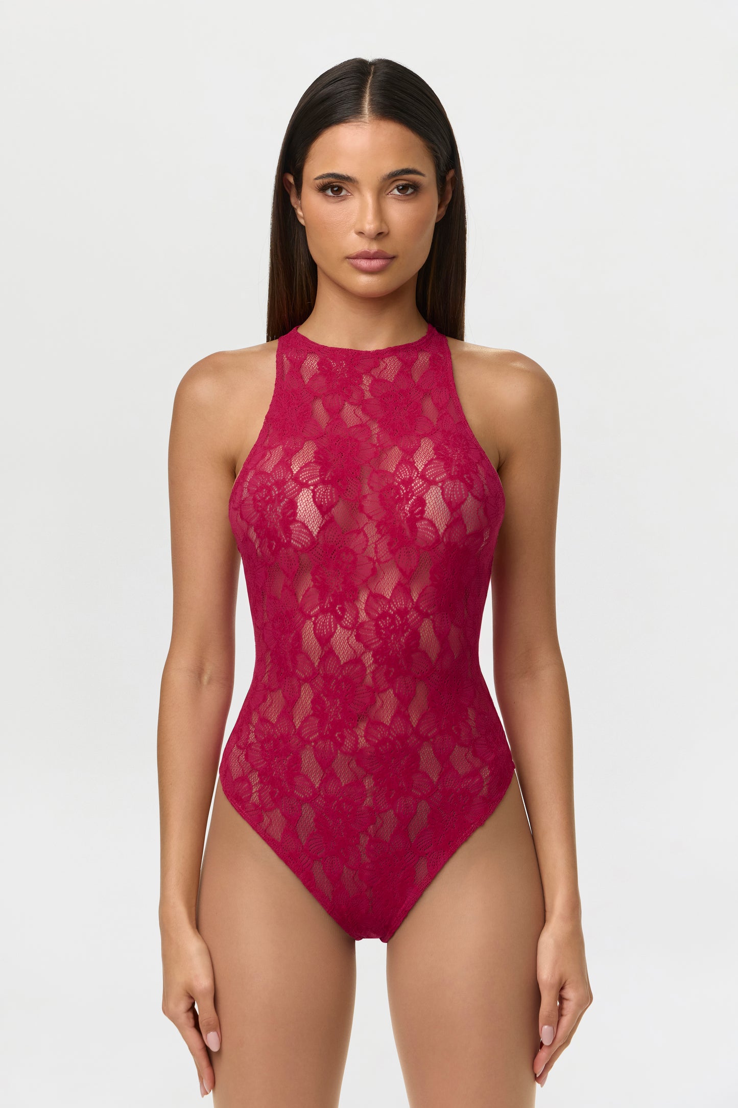 Dark Raspberry Stretch Lace Racerback Bodysuit