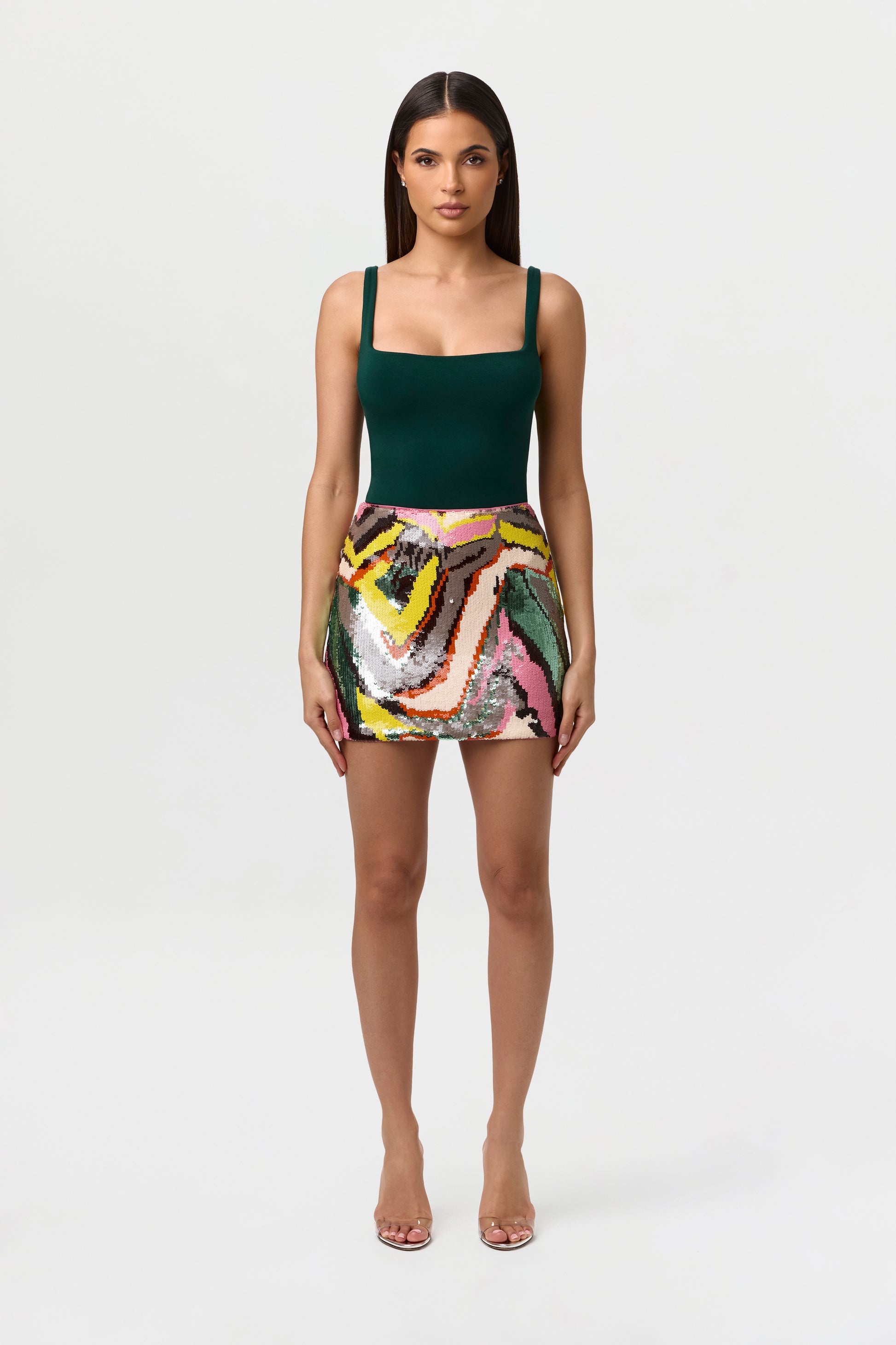 Sea Green Multi Sequin Abstract Mini Skirt